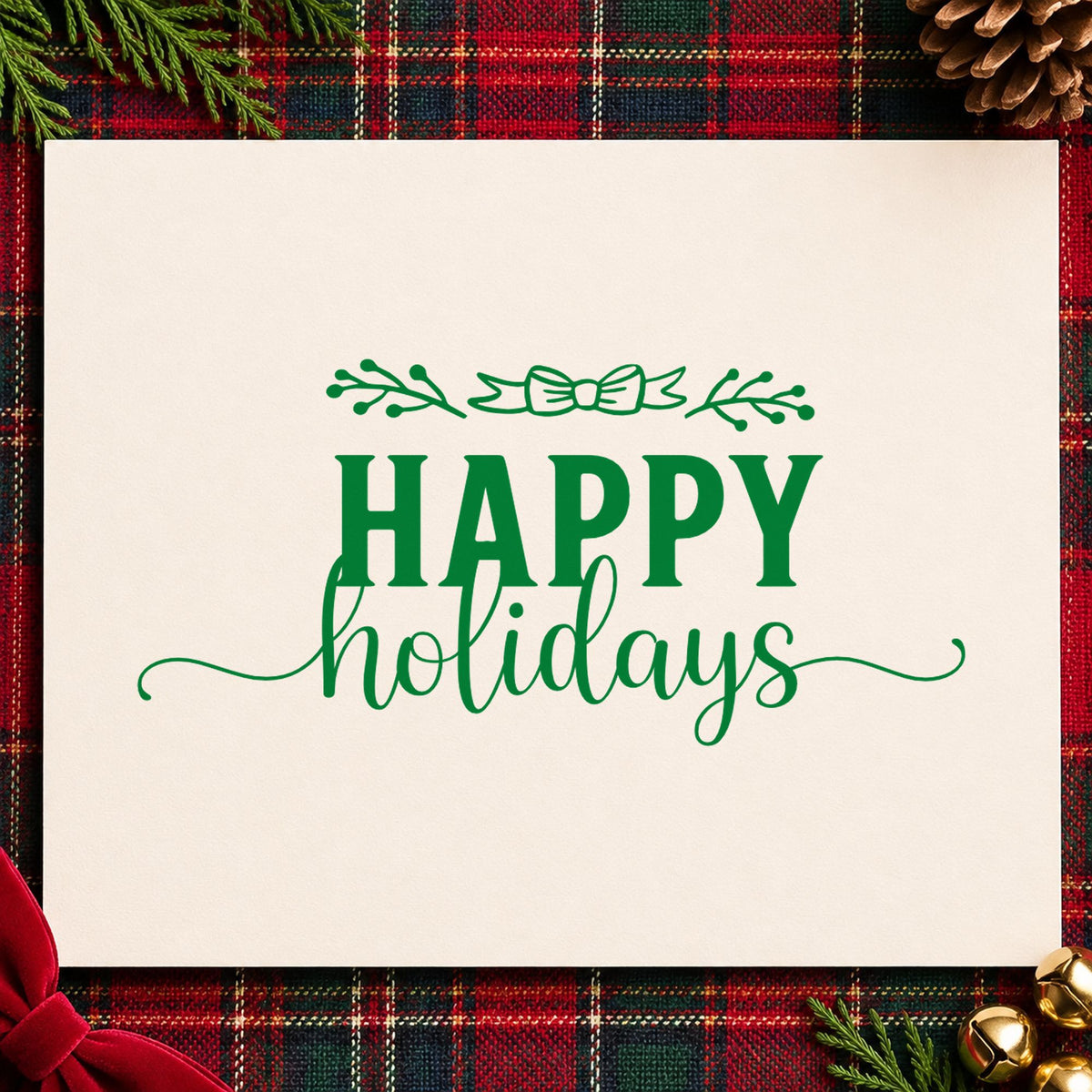 Happy Holidays Leafy Flourish craft stamp imprint in green ink on a handmade project, one idea being menu band cards.