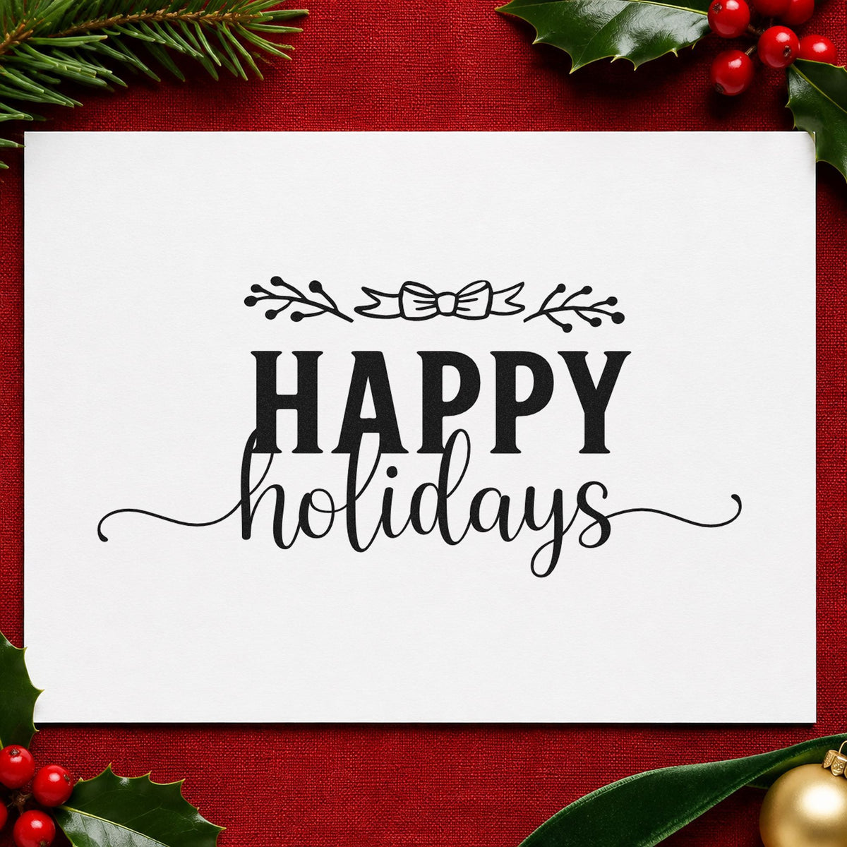 Happy Holidays Leafy Flourish rubber stamp printed in black ink, ready for above and below cards and similar paper crafts.