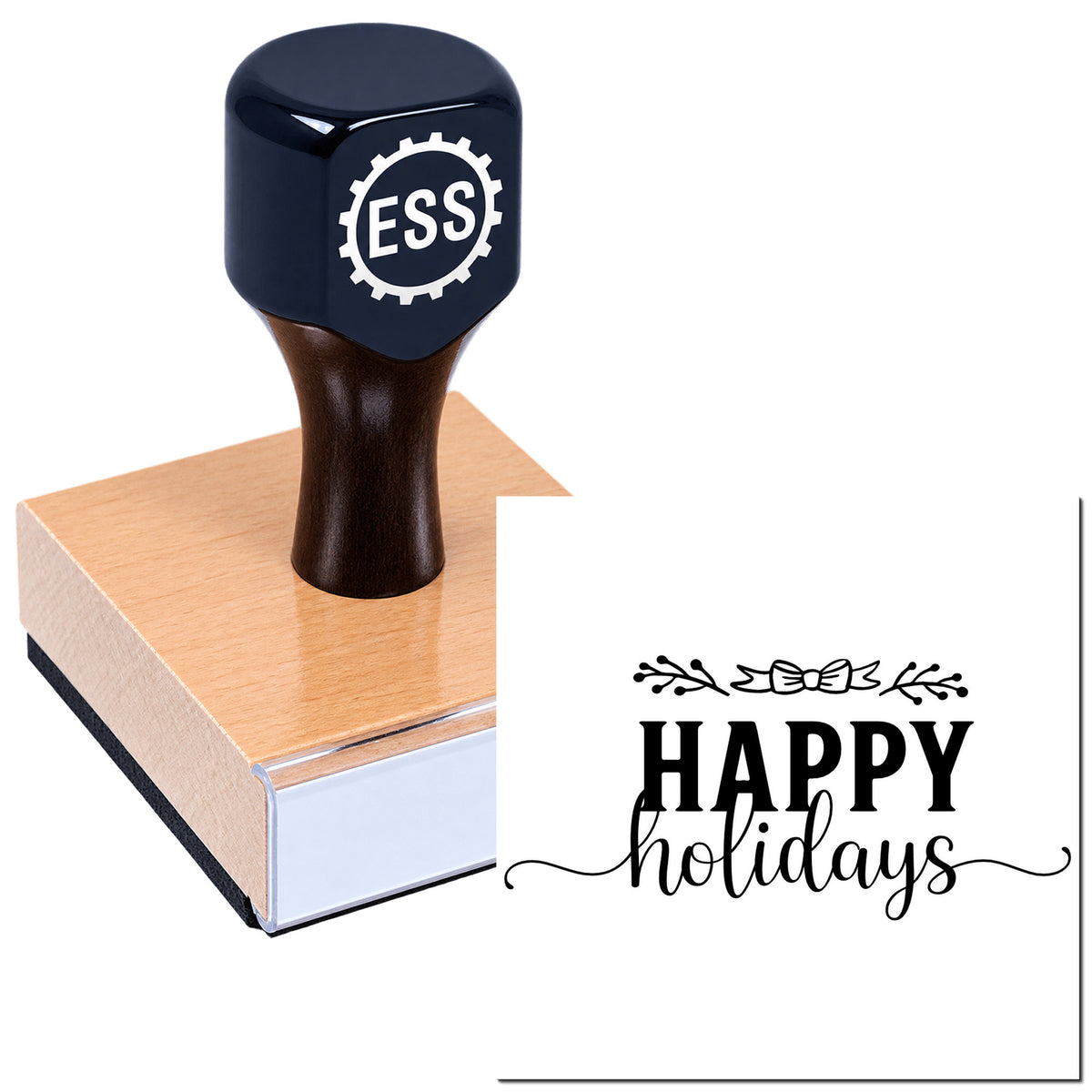 Navy ESS rubber stamp on wooden block beside black Happy Holidays seal design on white background.