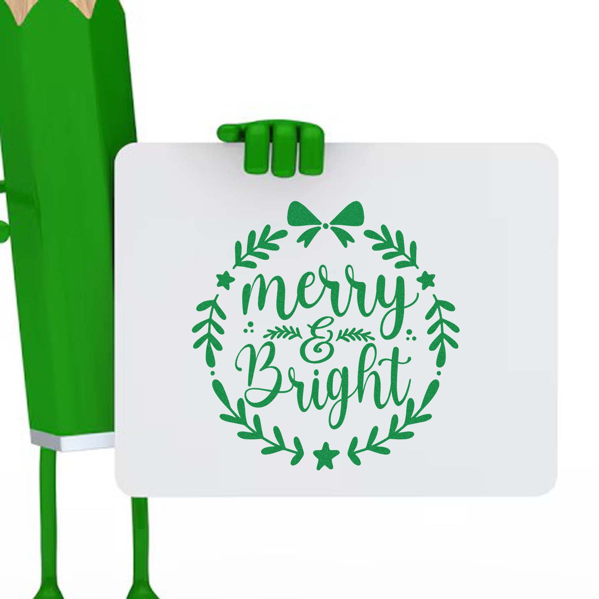 Green stamp and seal product with a white plaque reading merry & bright in a festive wreath design.