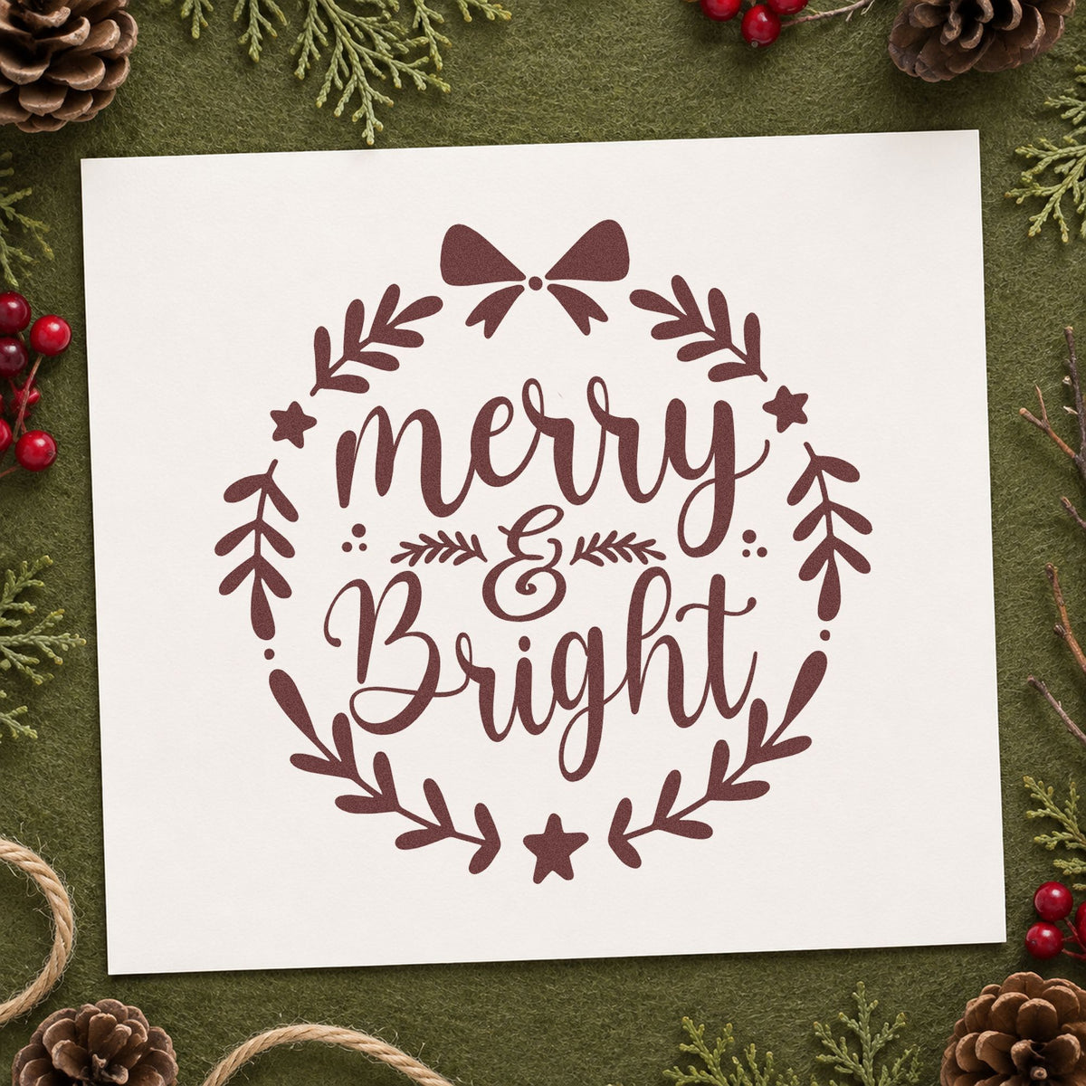 Merry And Bright Wreath rubber stamp printed in brown ink, ready for supply count sheet and similar paper crafts.