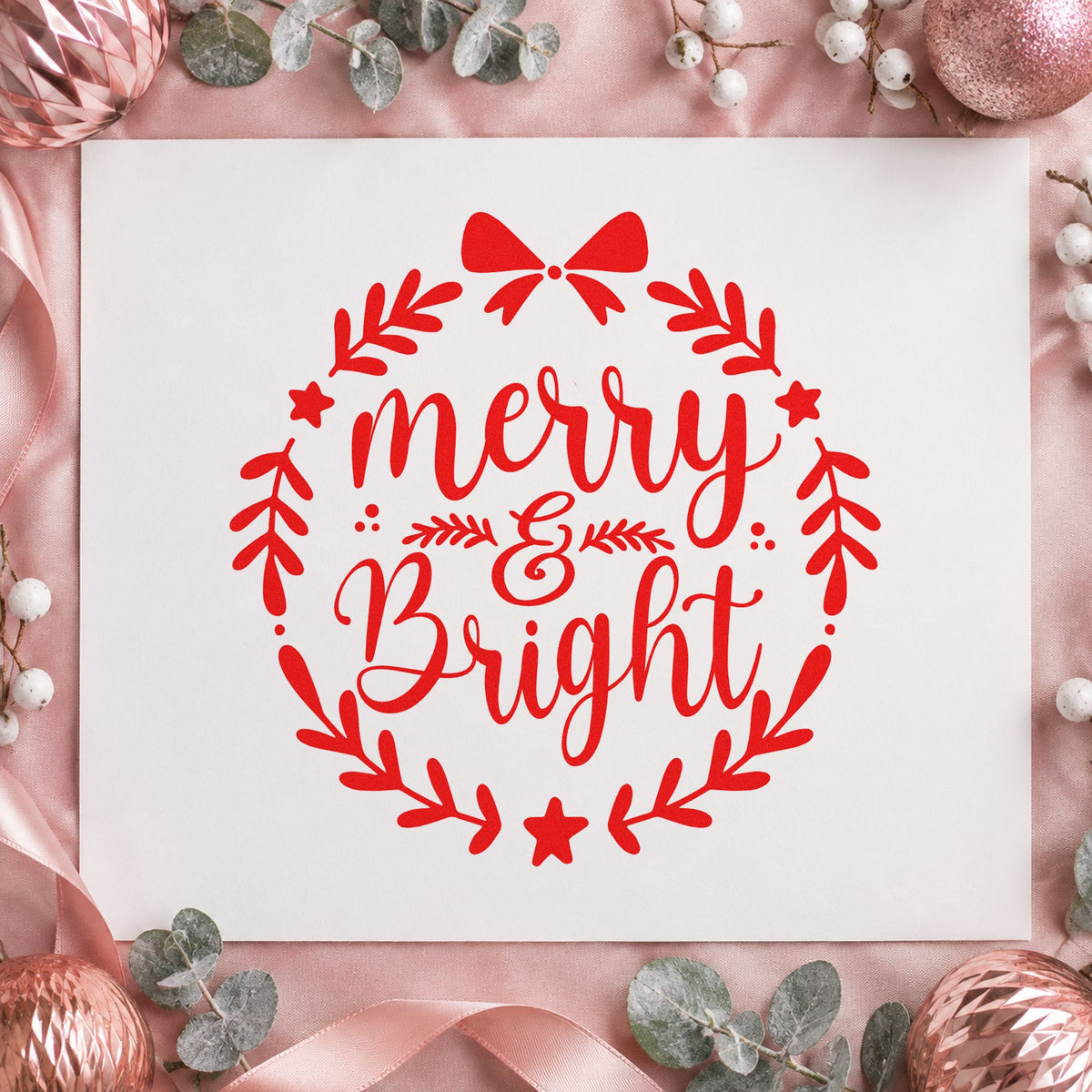 Merry And Bright Wreath craft stamp in red ink on cardstock, an easy option for burlap round printing.