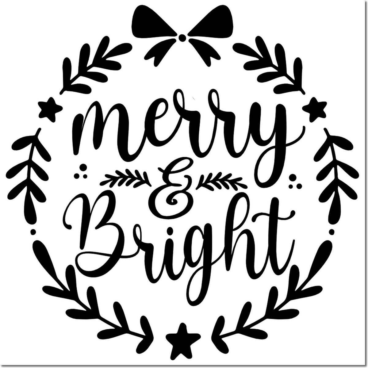 Black Merry & Bright holiday stamp seal with leafy wreath, bow, and stars on a white background.