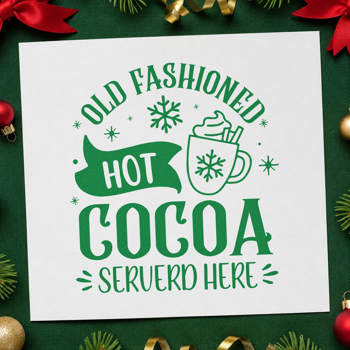 Old Fashioned Hot Cocoa craft stamp imprint in green ink on a handmade project, one idea being cup sleeve tags.