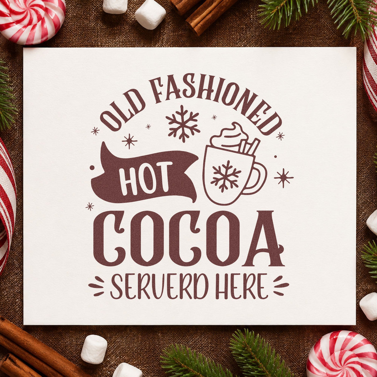 Old Fashioned Hot Cocoa rubber stamp printed in brown ink, ready for batch recipe sheet and similar paper crafts.