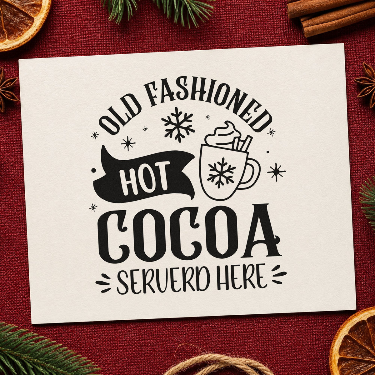 Old Fashioned Hot Cocoa rubber stamp printed in black ink, ready for served here cards and similar paper crafts.