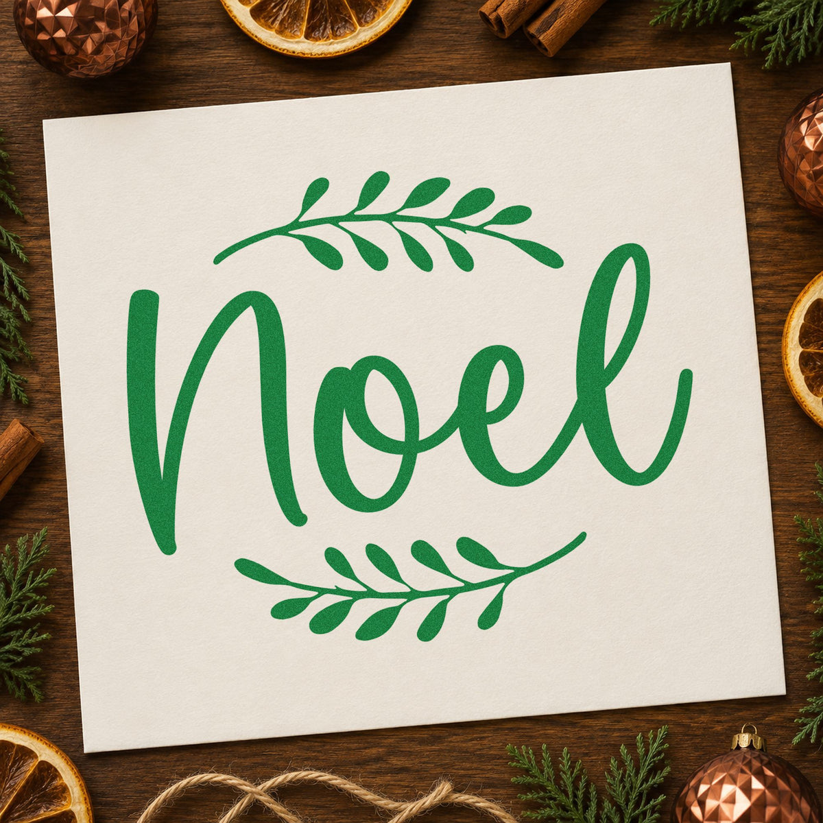 Noel With Leafy Sprigs craft stamp imprinted in green ink on paper, a design suited to framed shelf pair.