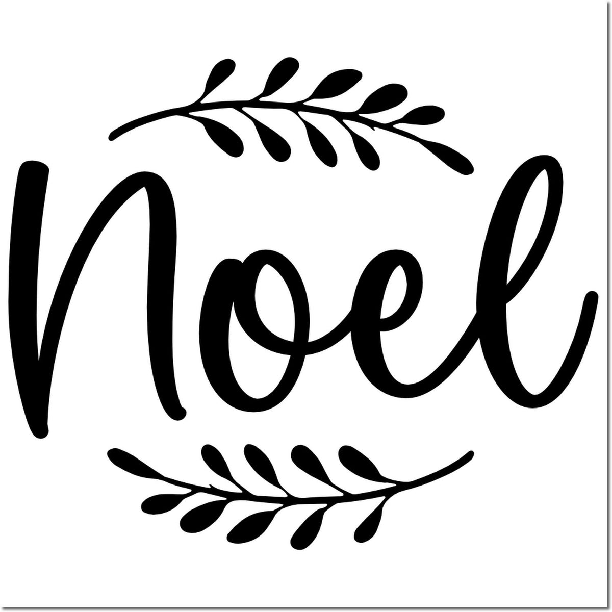 Black Noel holiday stamp seal with leafy wreath accents on a white background