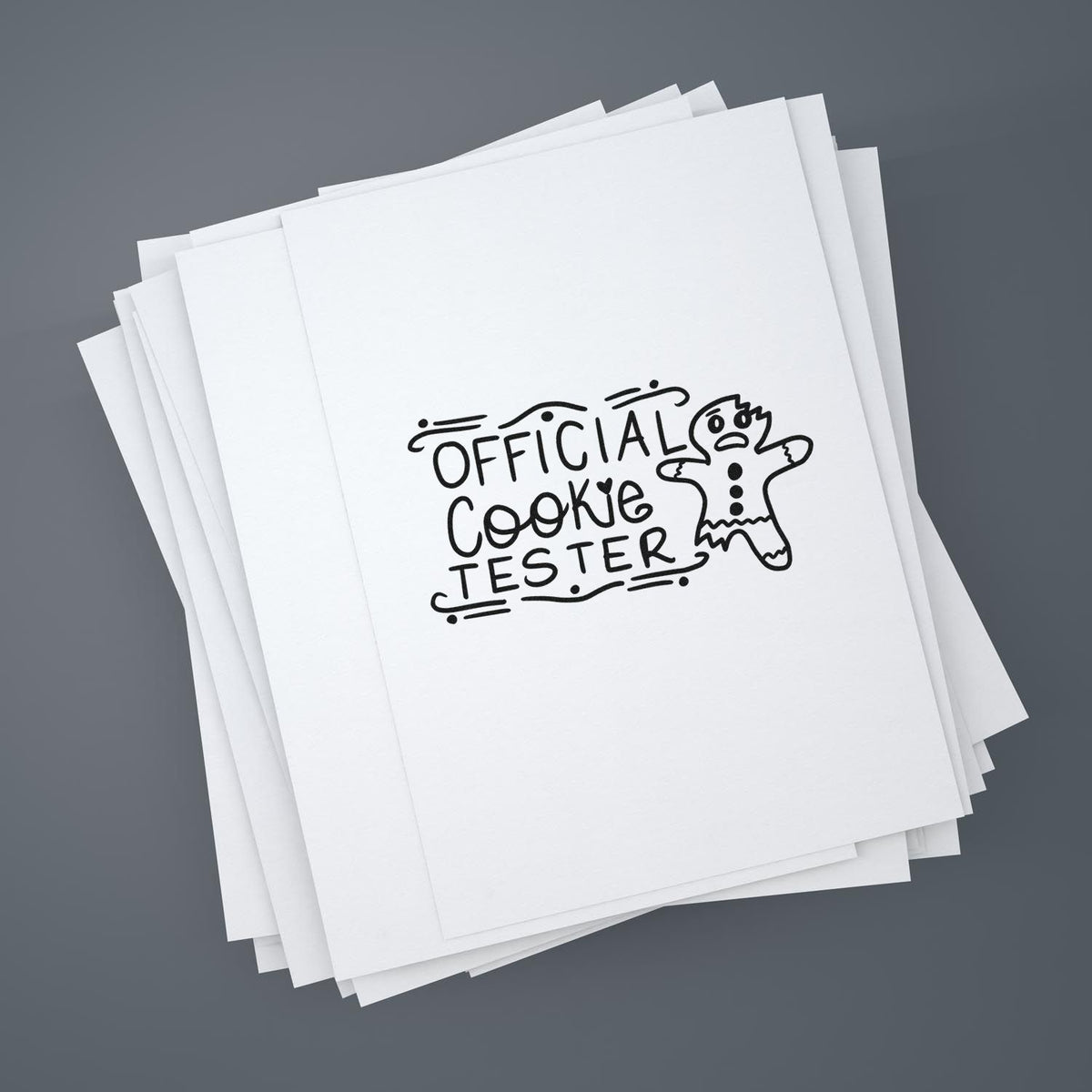 Official Cookie Tester Gingerbread Slim Pre-Inked Stamp imprint stamped in black ink. The words "Official cookie tester" appear beside a gingerbread figure with decorative horizontal lines.