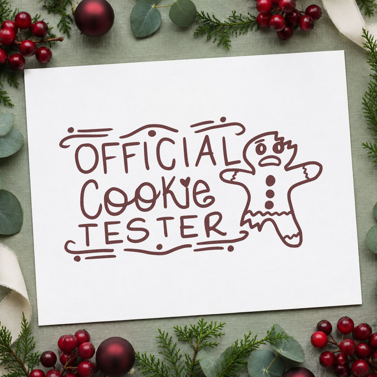 Official Cookie Tester Gingerbread rubber stamp printed in brown ink, ready for score field sheet and similar paper crafts.