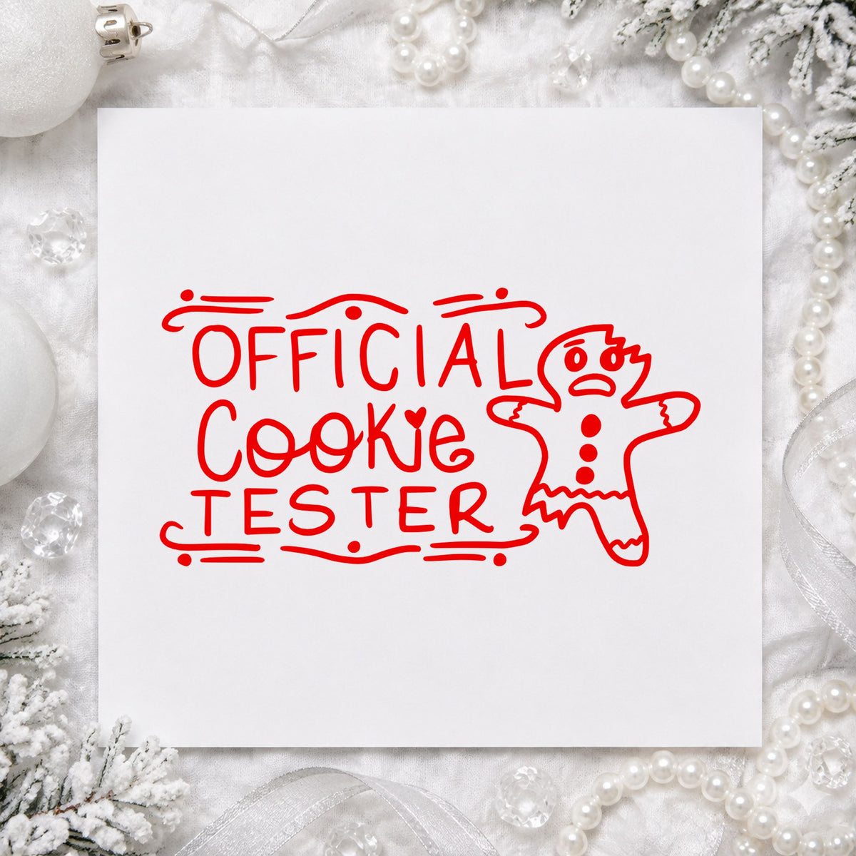 Official Cookie Tester Gingerbread craft stamp in red ink on cardstock, an easy option for apron stripe printing.