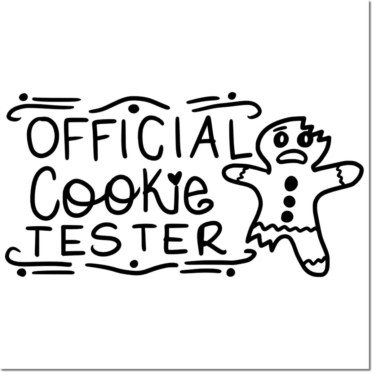 Black official cookie tester stamp with a gingerbread man, playful seal design, hand-drawn style.