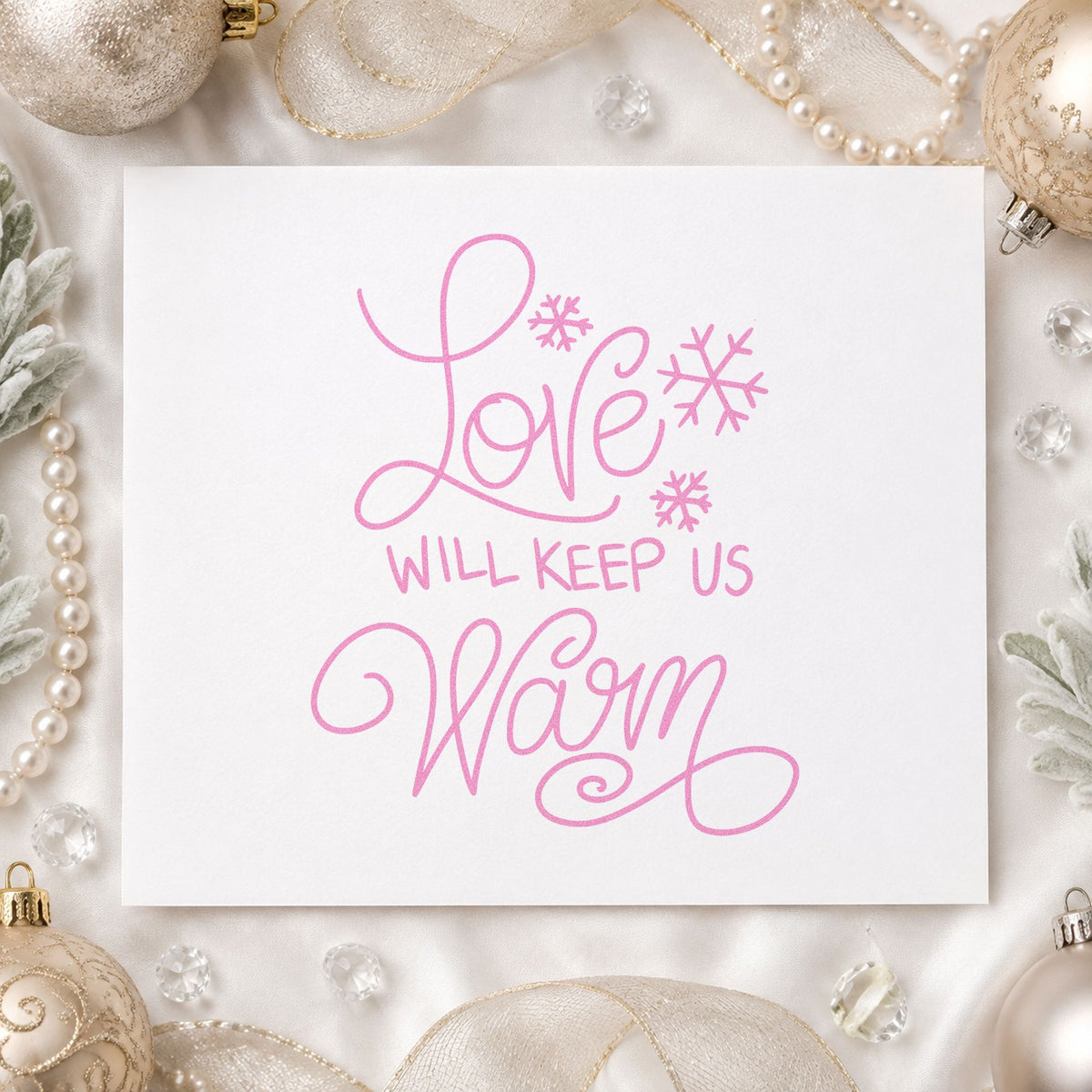 Love Will Keep Us Warm craft stamp in purple ink on cardstock, an easy option for together album page.