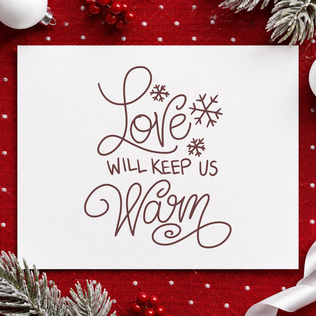 Love Will Keep Us Warm rubber stamp printed in brown ink, ready for shared plan sheet and similar paper crafts.