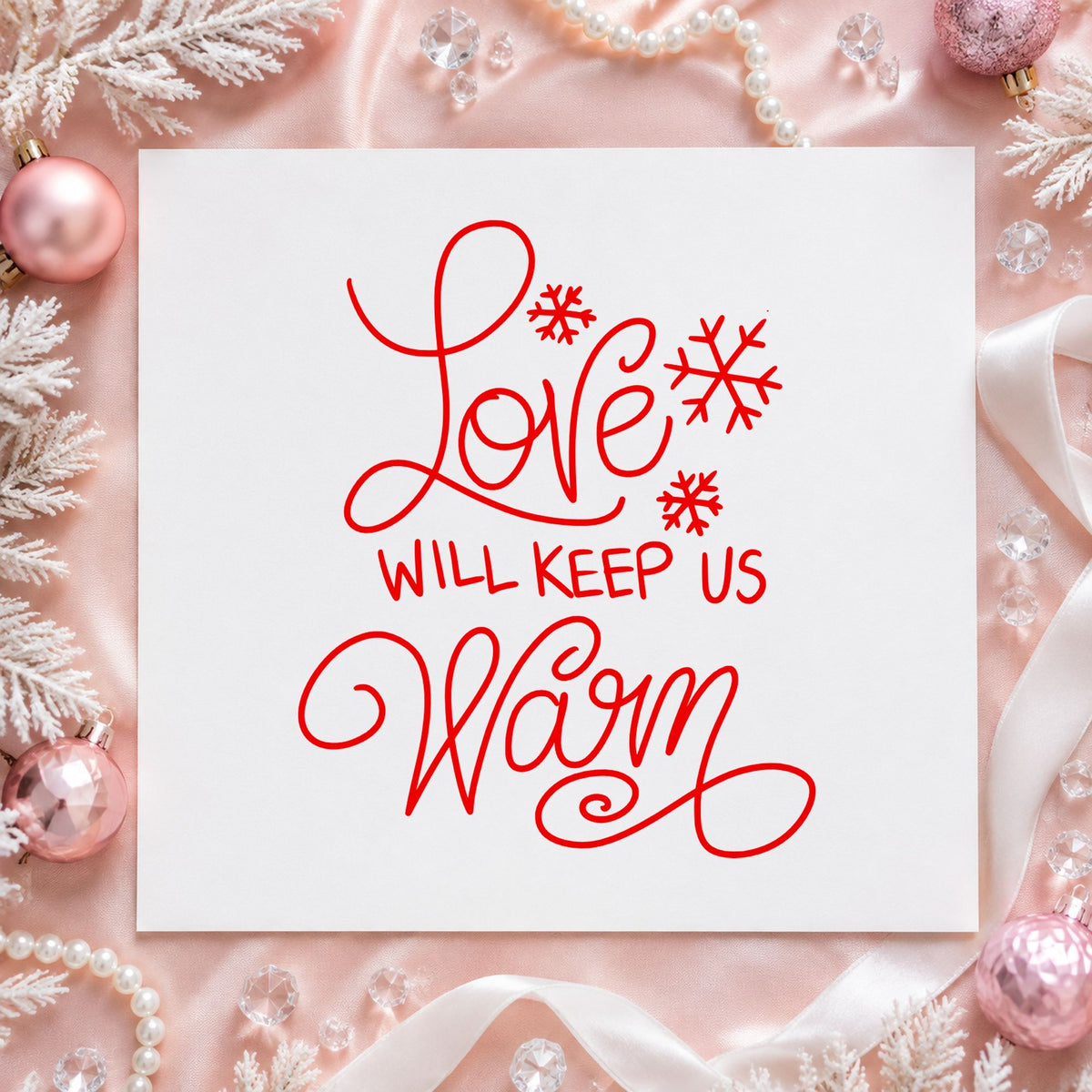 Love Will Keep Us Warm rubber stamp shown in red ink, stamped for projects such as linen shelf labels.