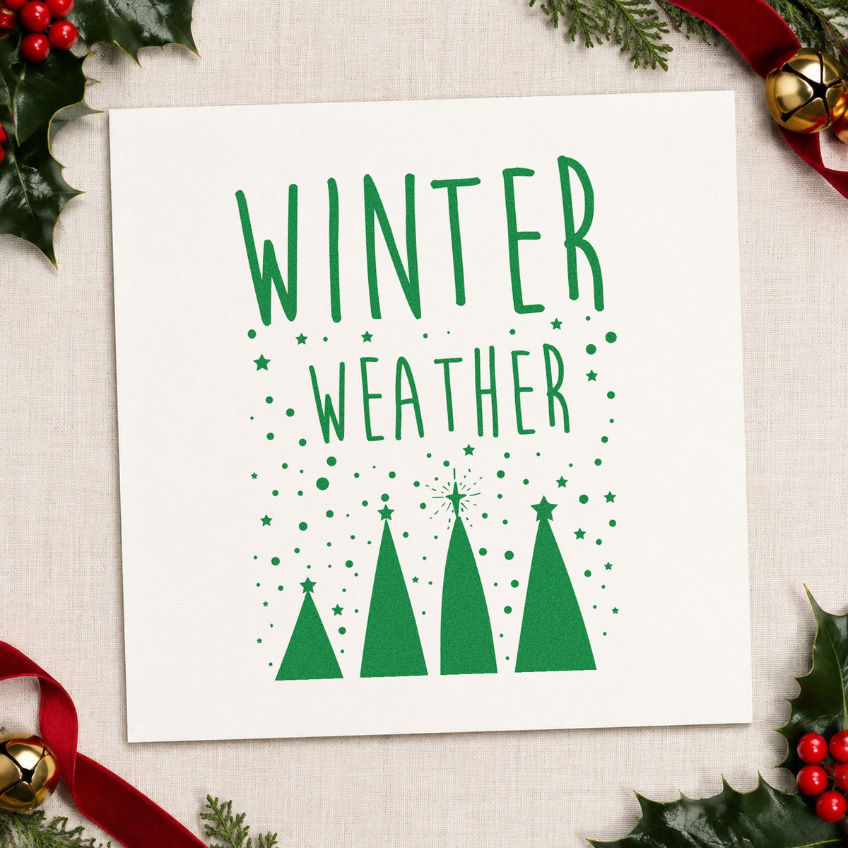 Winter Weather Four Trees craft stamp imprint in green ink on a handmade project, one idea being angular gift tags.
