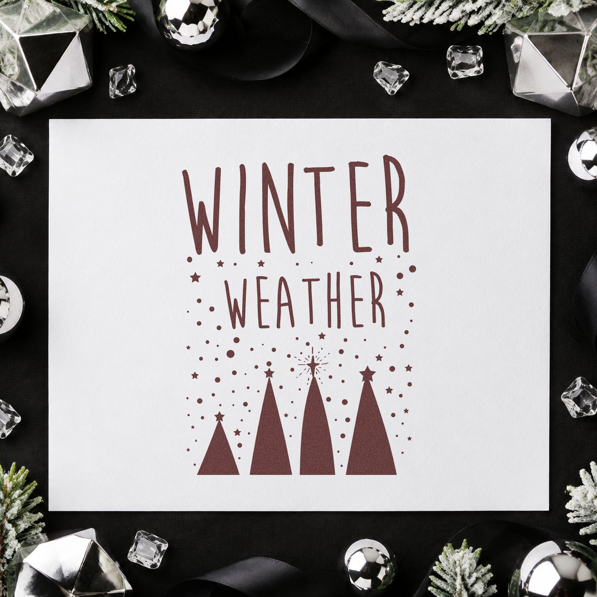 Winter Weather Four Trees rubber stamp printed in brown ink, ready for grid plan sheet and similar paper crafts.