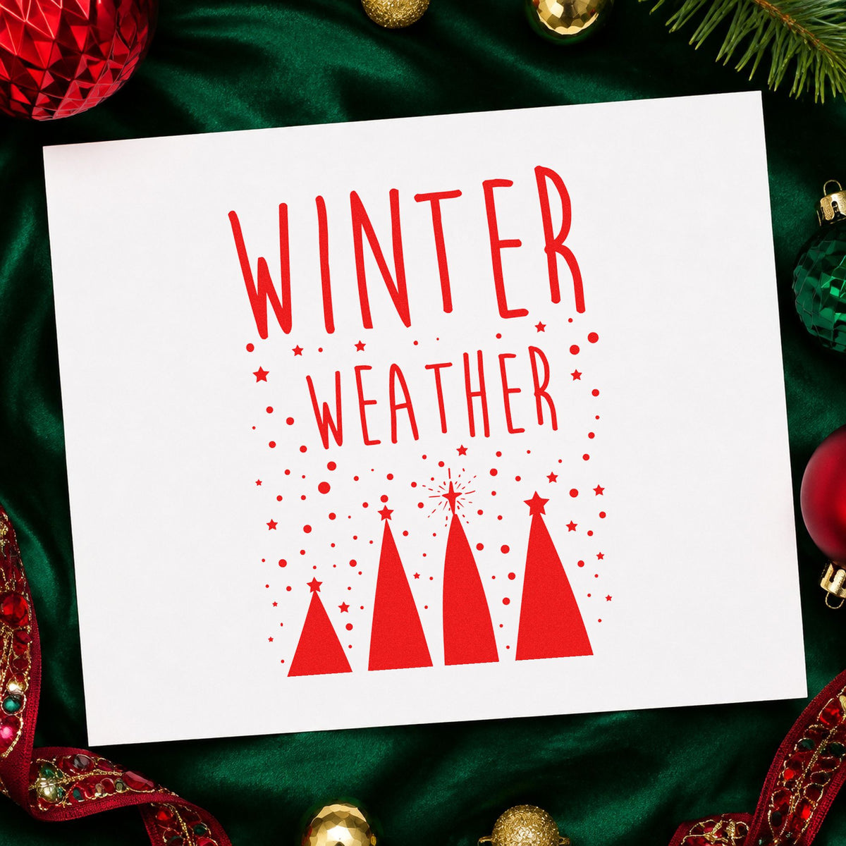Winter Weather Four Trees craft stamp in red ink on cardstock, an easy option for bunting flag printing.