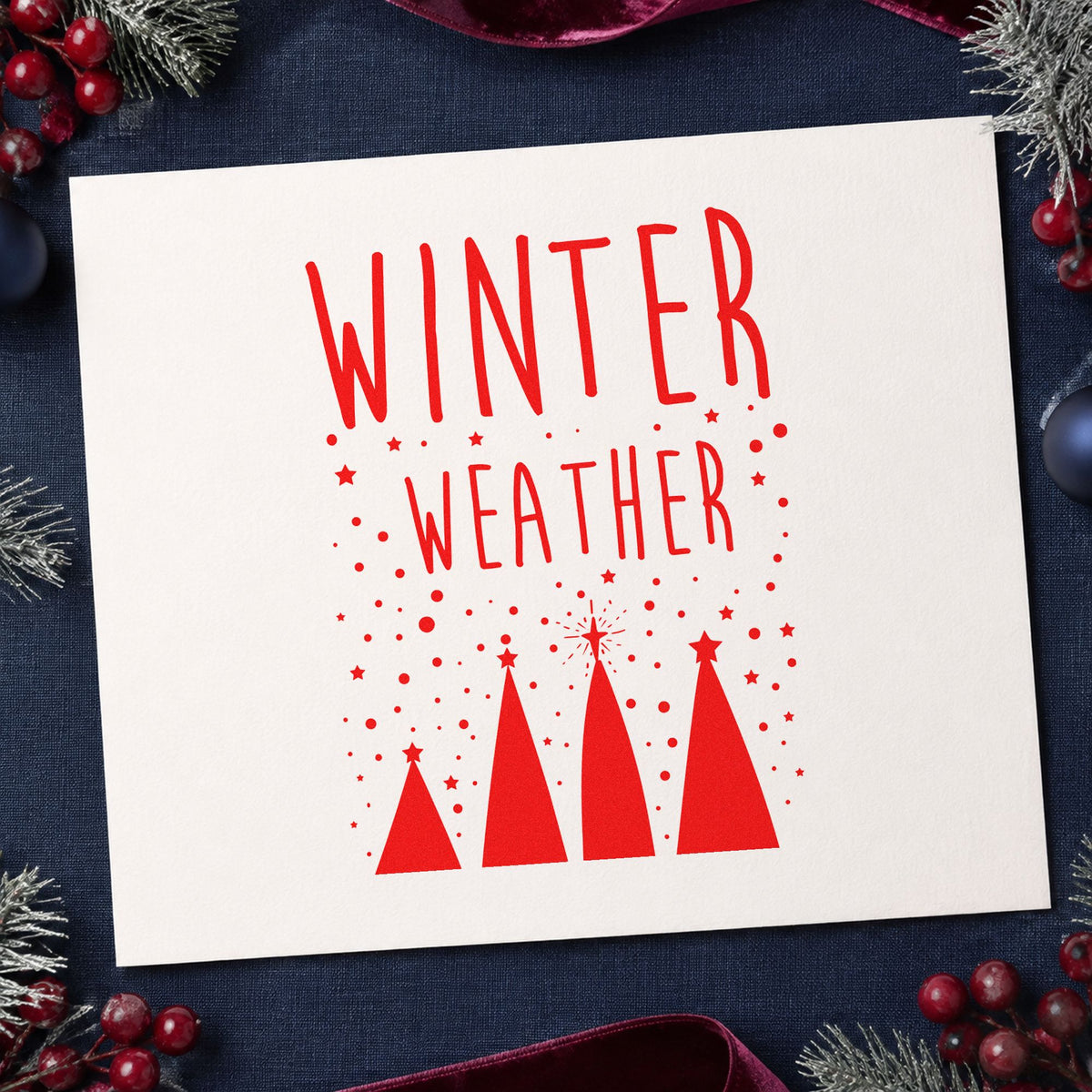 Winter Weather Four Trees rubber stamp shown in red ink, stamped for projects such as wedge shelf labels.