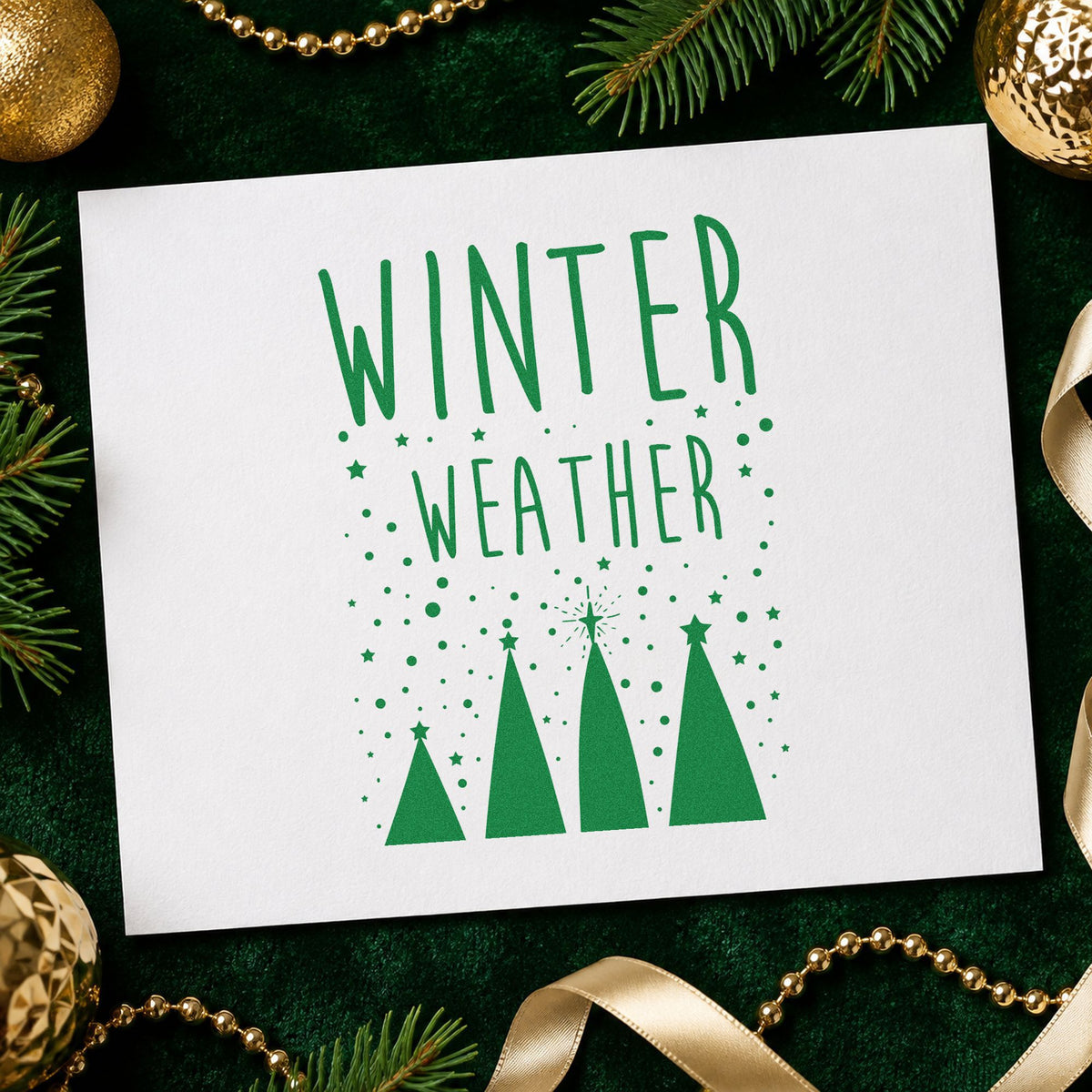 Winter Weather Four Trees craft stamp imprint in green ink on a handmade project, one idea being modern table cards.