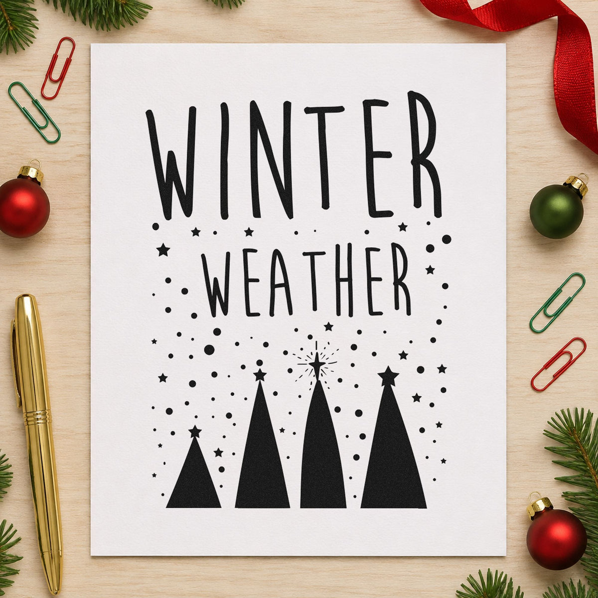 Winter Weather Four Trees rubber stamp printed in black ink, ready for four triangles cards and similar paper crafts.