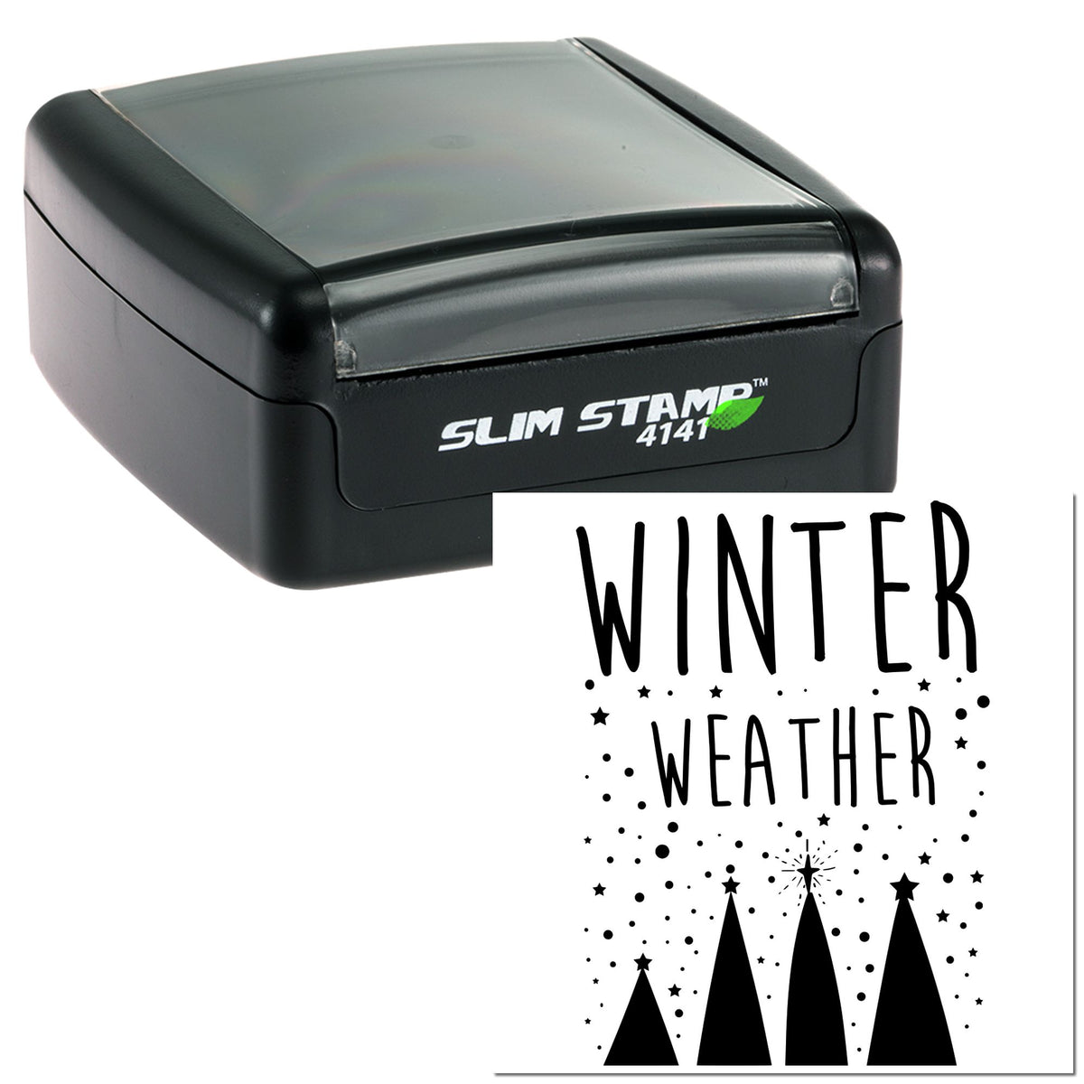 Black Slim Stamp self-inking seal with Winter Weather design, pine trees, and stars on white background.