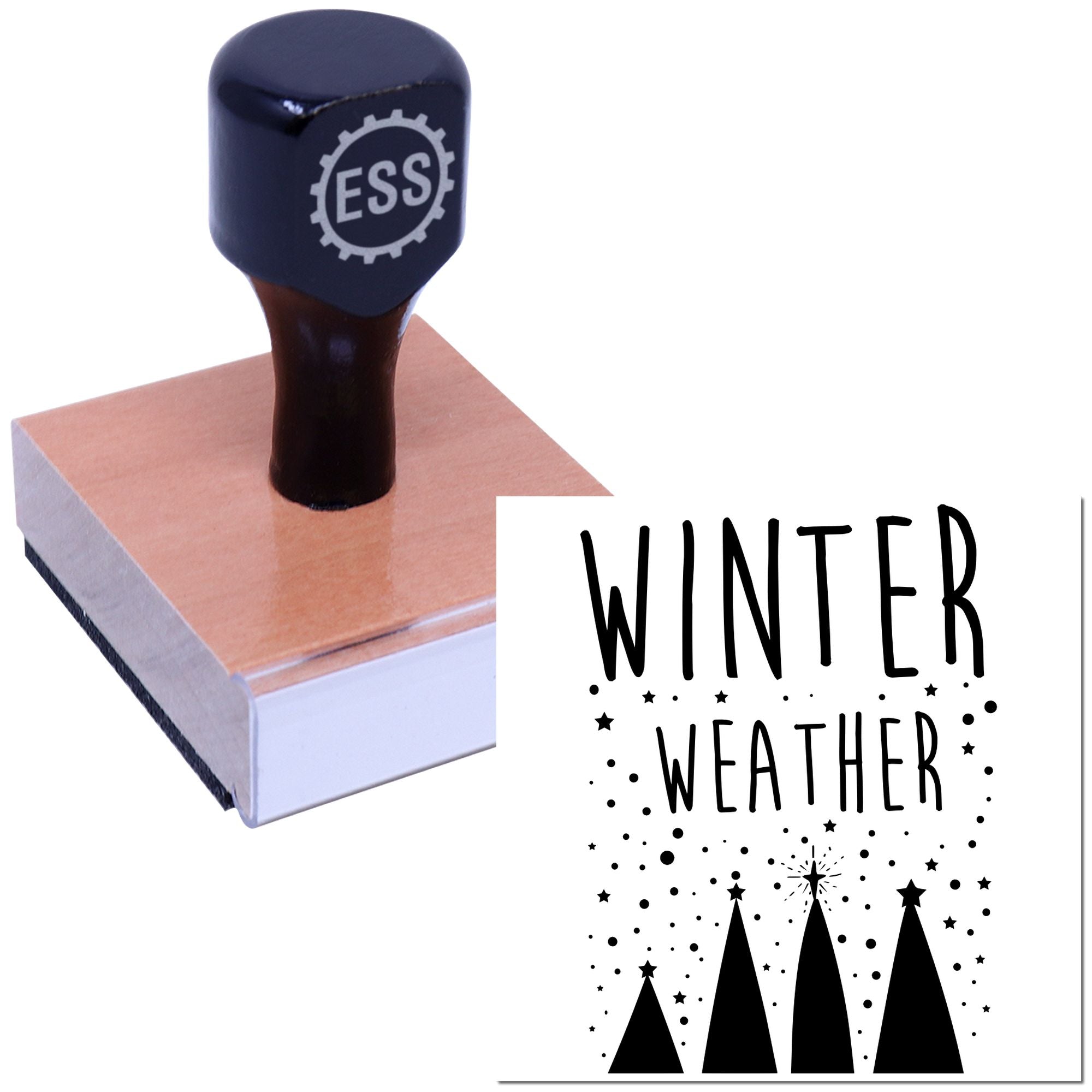 Navy ESS rubber stamp on wooden block with black Winter Weather seal design and tree silhouettes on white.