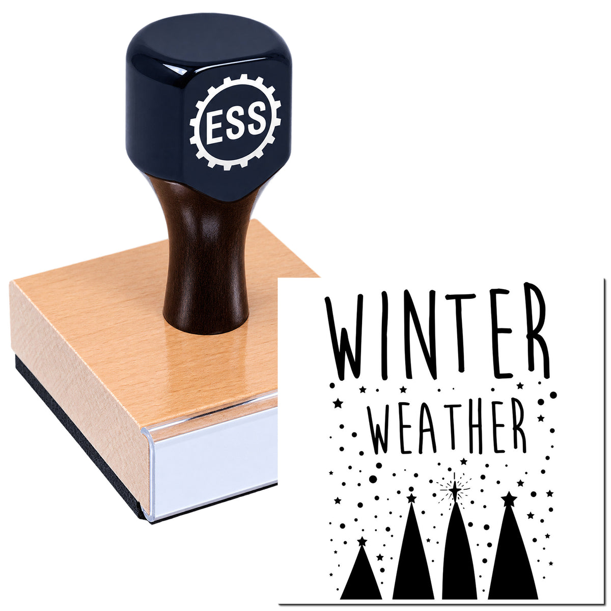 Navy ESS rubber stamp on wooden block with black Winter Weather seal design and tree silhouettes on white.