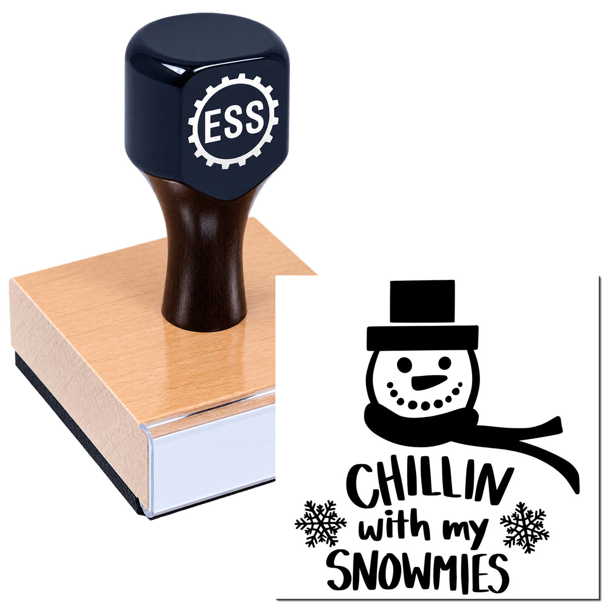 Black ESS rubber stamp on wood block with snowman seal design and "Chillin with my Snowmies" text