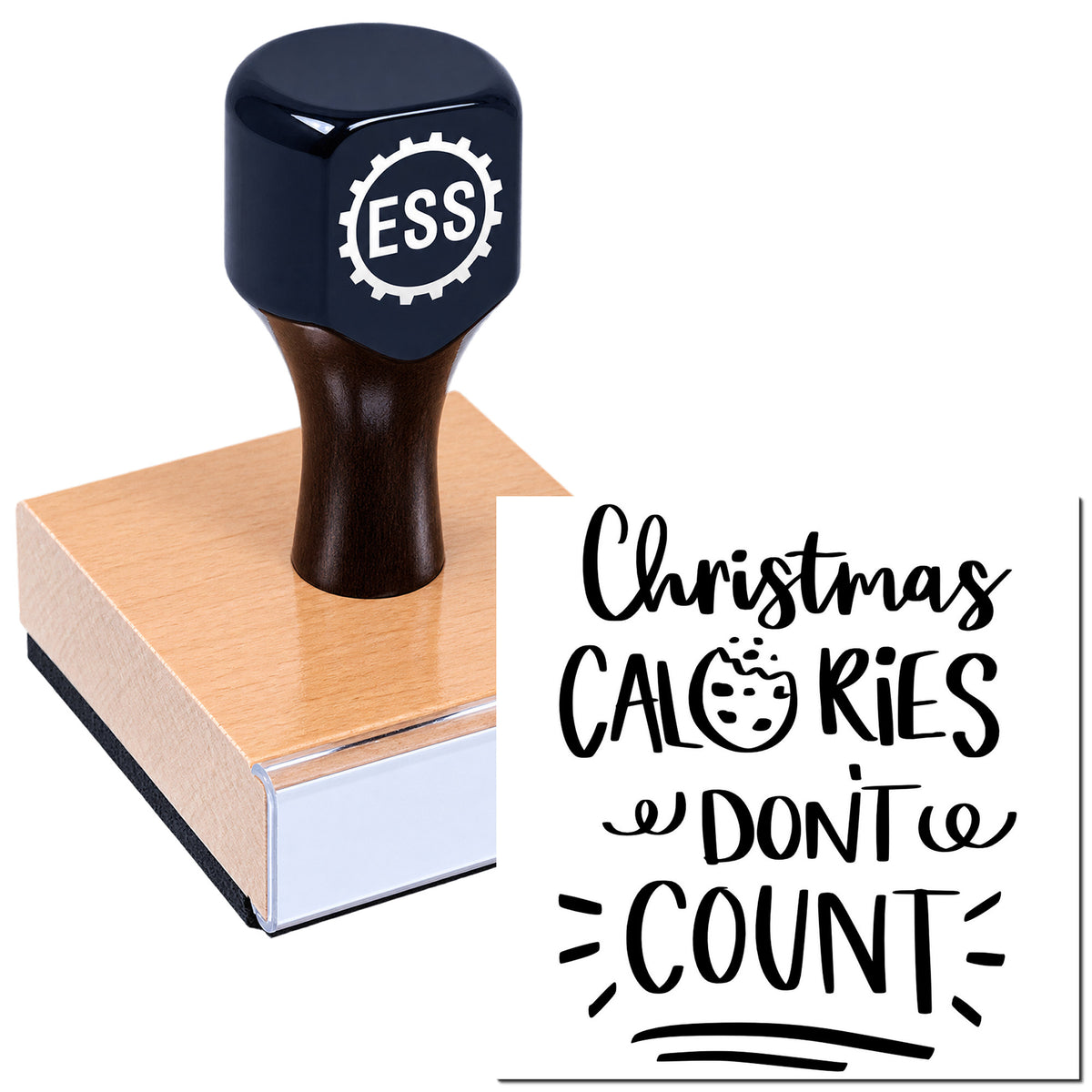 Navy ESS rubber stamp and seal on a wood block with black Christmas Calories Don't Count text.