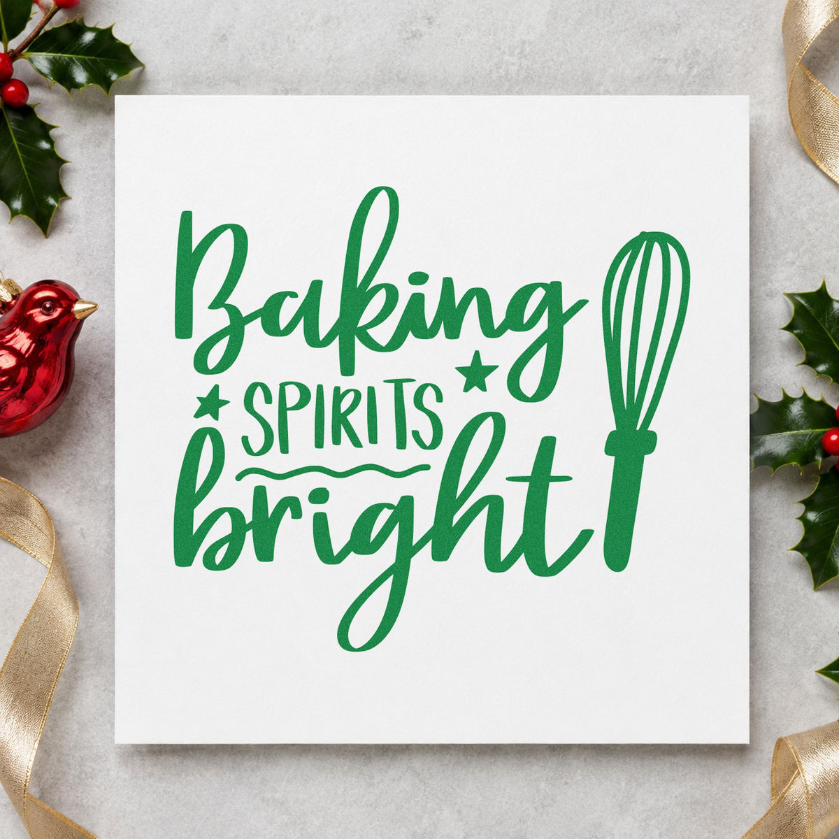 Baking Spirits Bright Whisk craft stamp imprint in green ink on a handmade project, one idea being batter bowl tags.