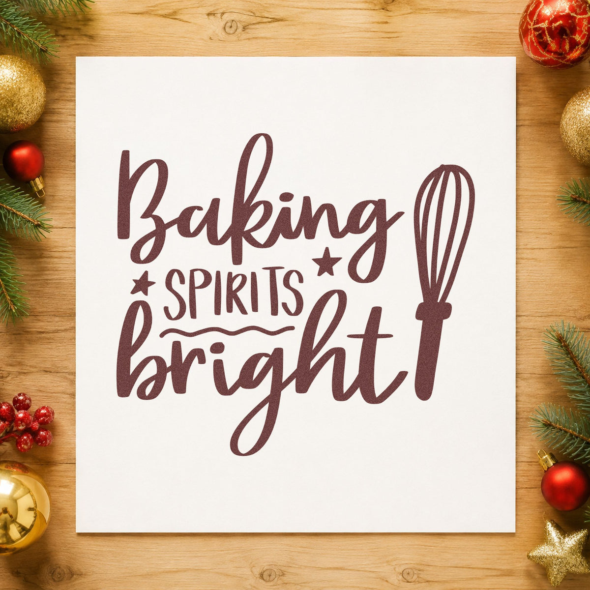 Baking Spirits Bright Whisk rubber stamp printed in brown ink, ready for method note sheet and similar paper crafts.