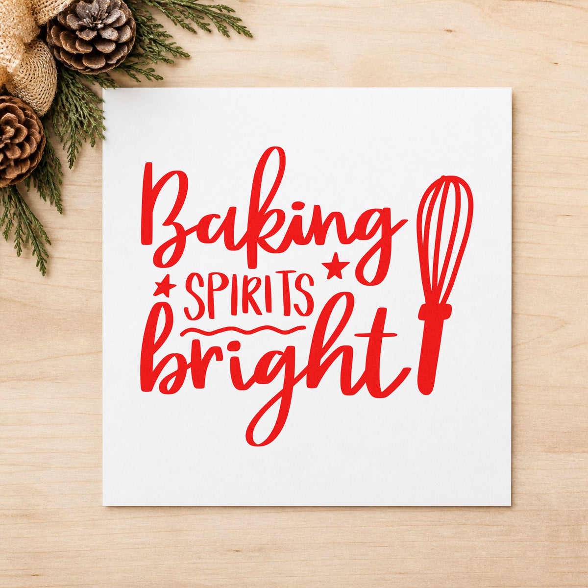 Baking Spirits Bright Whisk craft stamp in red ink on cardstock, an easy option for towel wave printing.