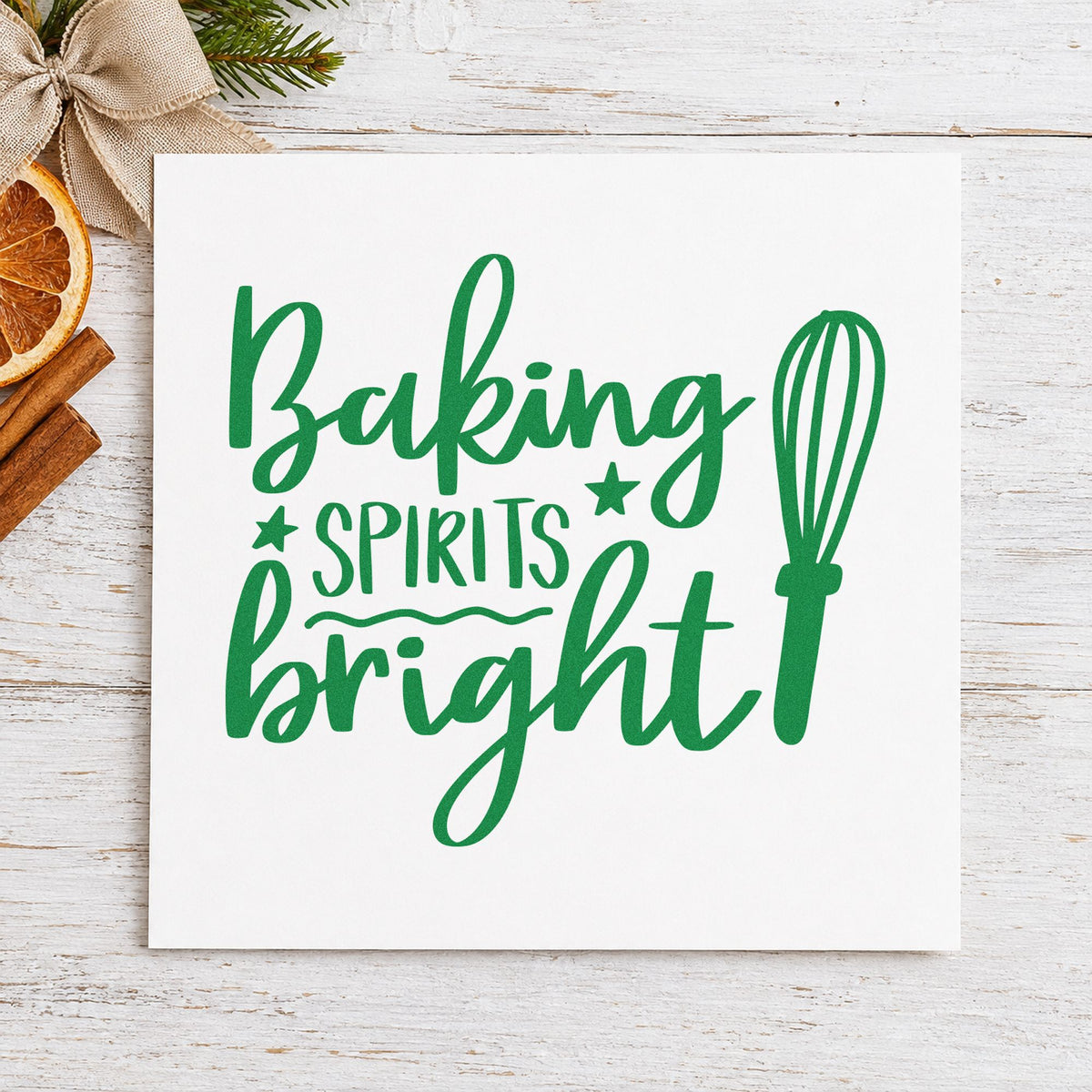 Baking Spirits Bright Whisk craft stamp imprinted in green ink on paper, a design suited to framed mixer shelf.