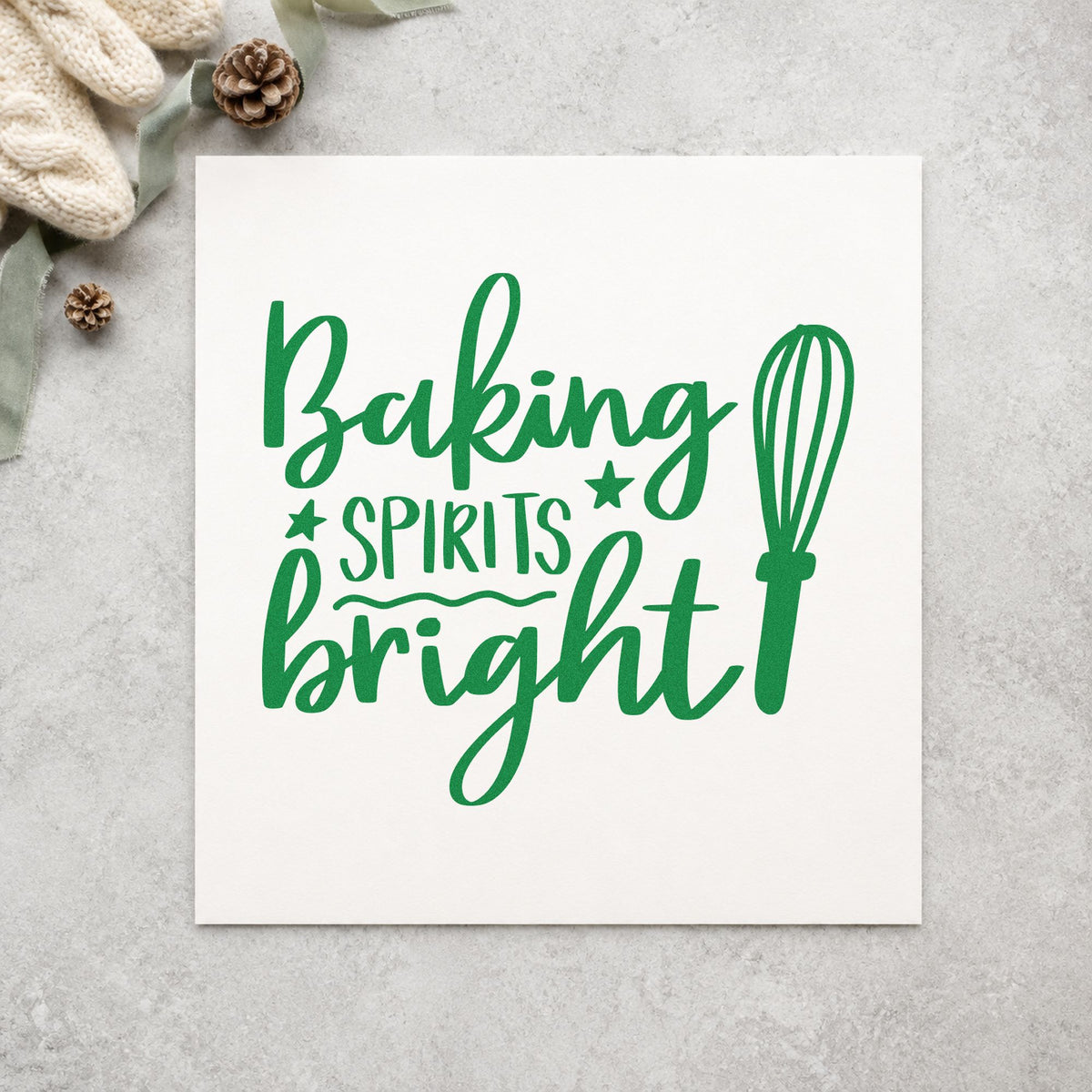 Baking Spirits Bright Whisk craft stamp imprint in green ink on a handmade project, one idea being class method cards.