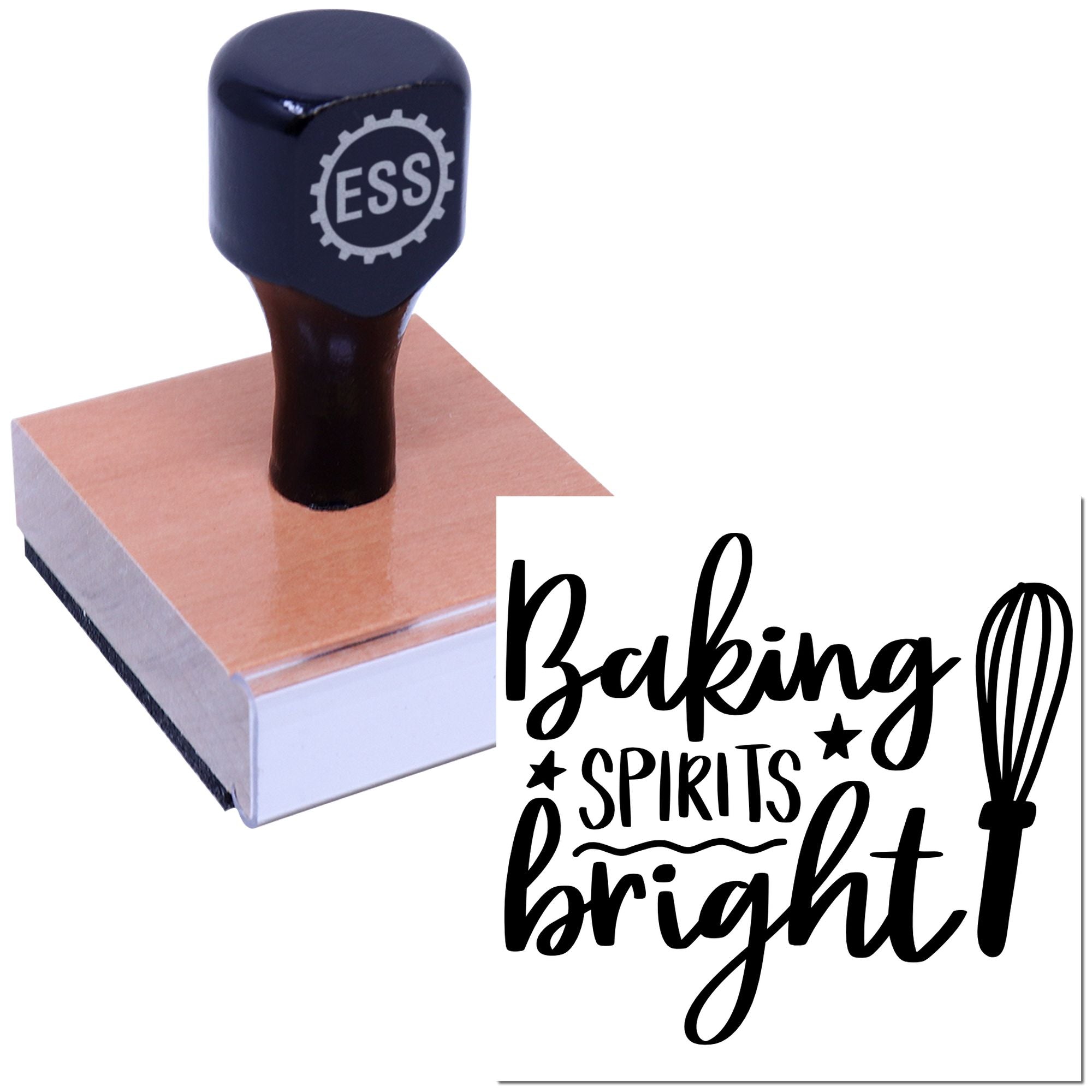 Navy ESS custom stamp and seal on a wooden block, with black Baking Spirits Bright script design.