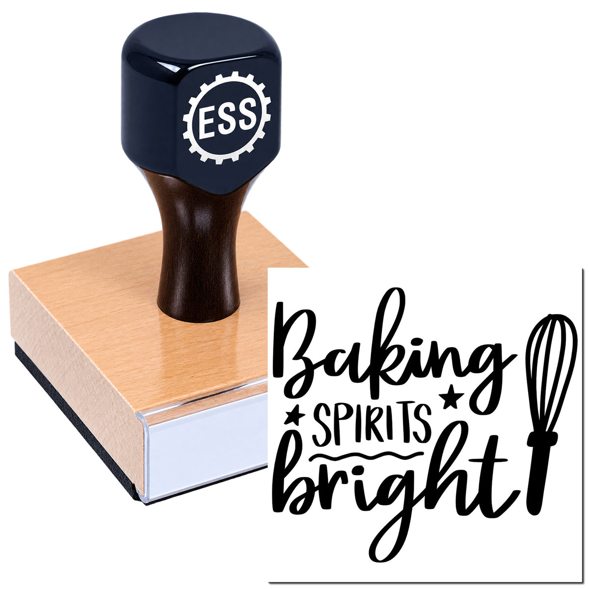 Navy ESS custom stamp and seal on a wooden block, with black "Baking Spirits Bright" script design.