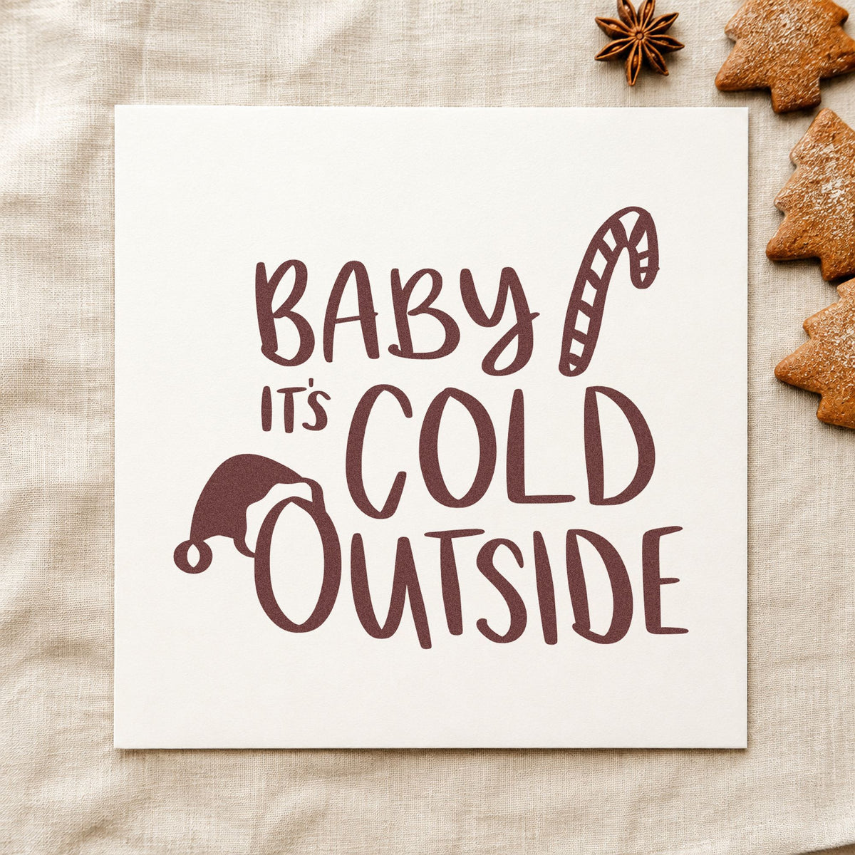 Baby It's Cold Outside Hat rubber stamp printed in brown ink, ready for indoor play sheet and similar paper crafts.