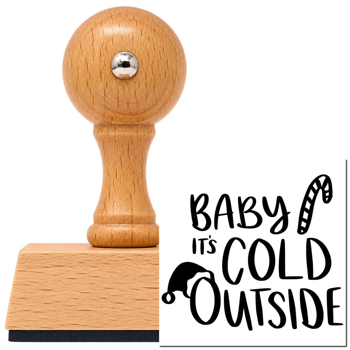 Vintage Pro beech wood stamp with a round knob handle, shown with its black Baby It's Cold Outside Hat Candy Cane imprint on white.
