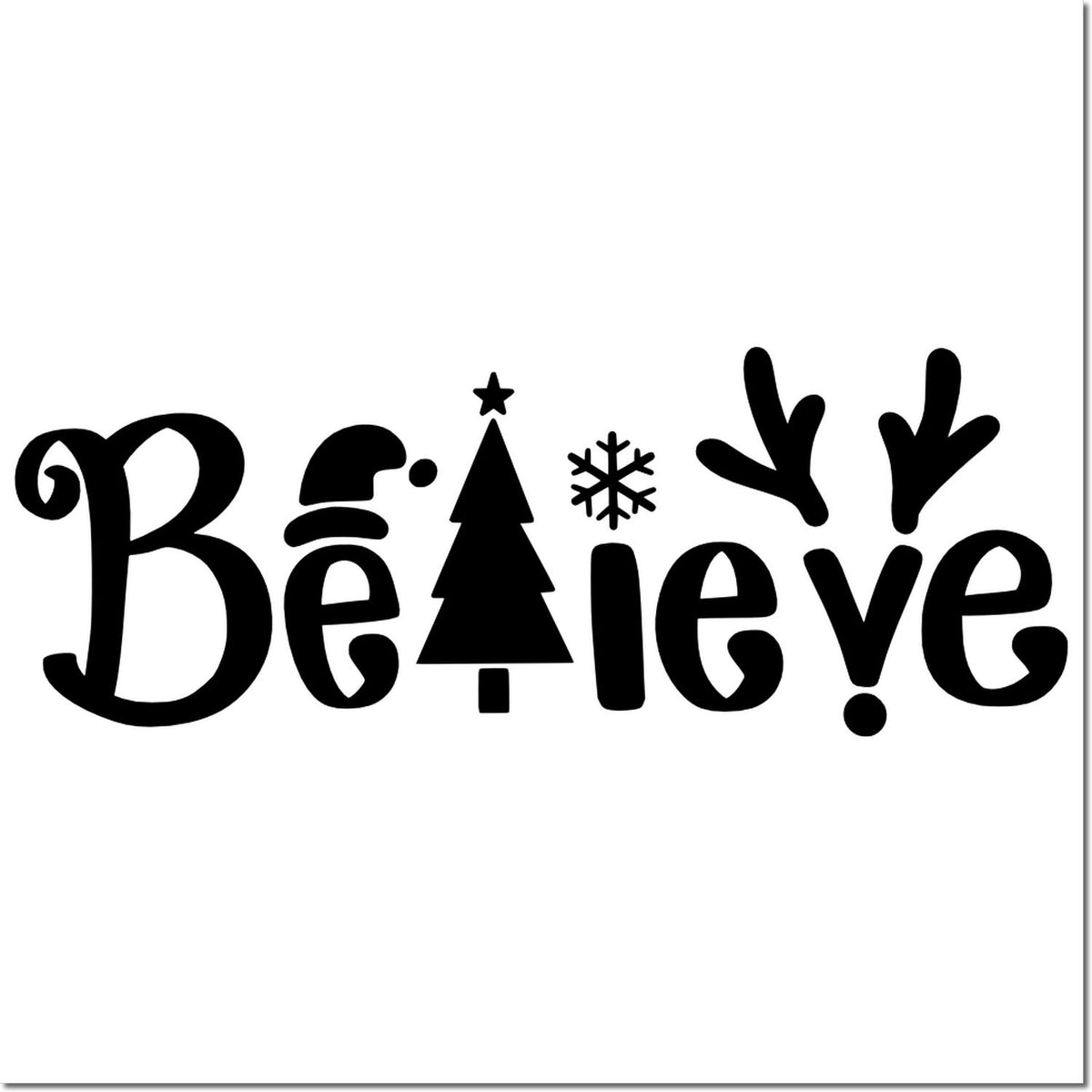 Black holiday stamp seal reading Believe with Christmas tree, snowflake, and reindeer antlers on a white background.