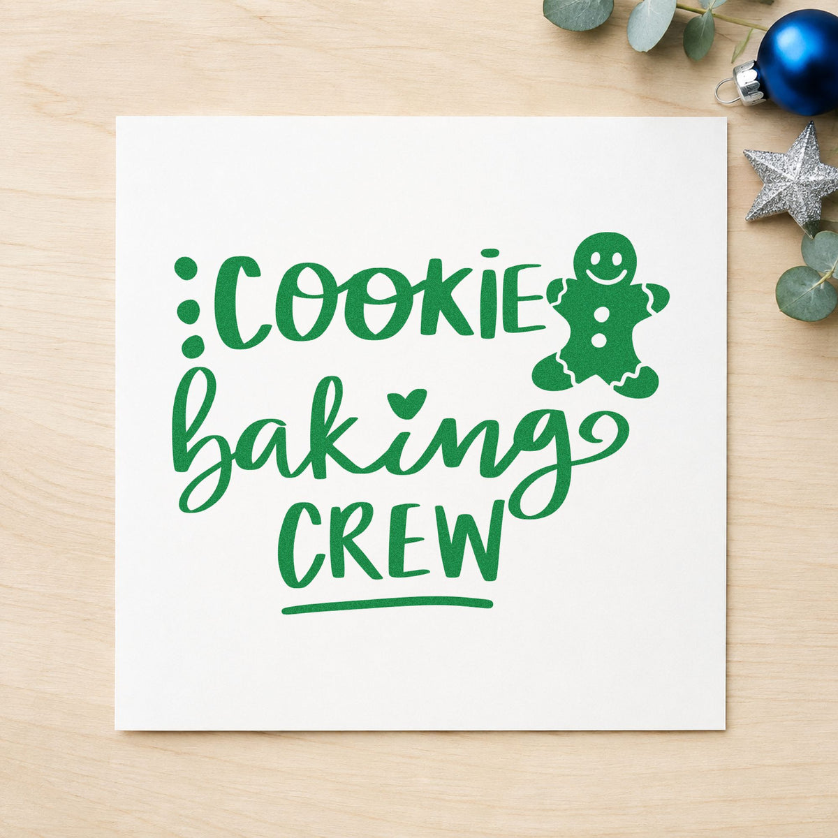 Cookie Baking Crew Gingerbread craft stamp imprint in green ink on a handmade project, one idea being member name tags.