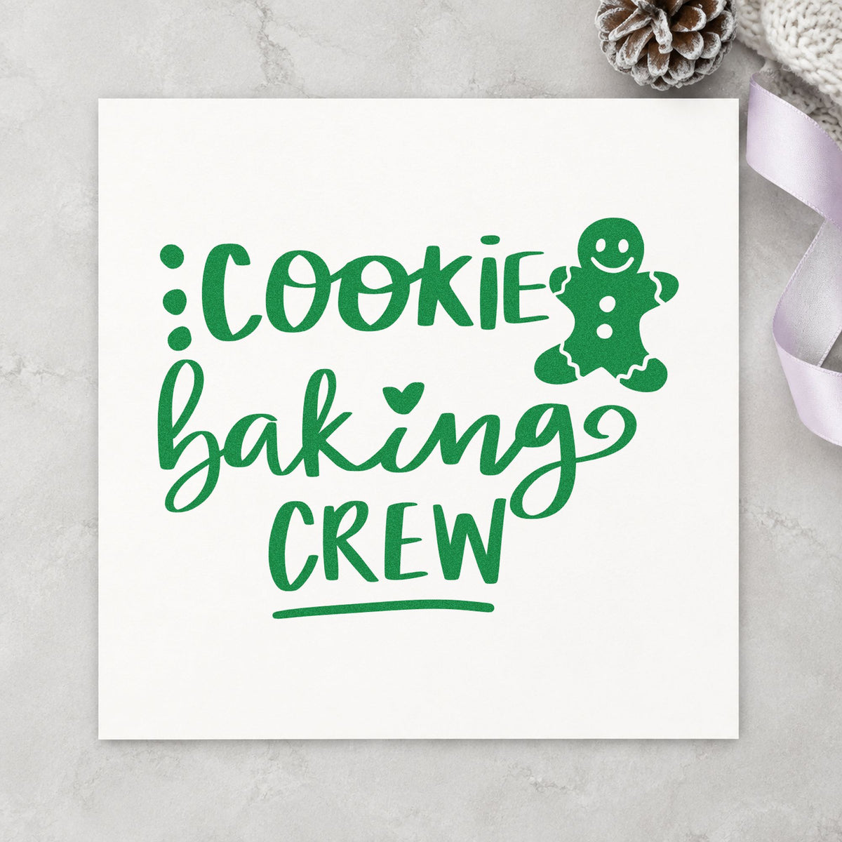 Cookie Baking Crew Gingerbread craft stamp imprinted in green ink on paper, a design suited to framed prep wall.