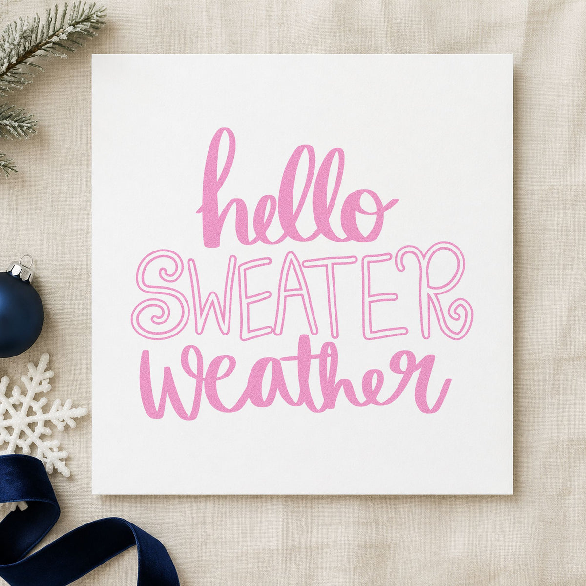 Hello Sweater Weather Lettering craft stamp in purple ink on cardstock, an easy option for line study album.