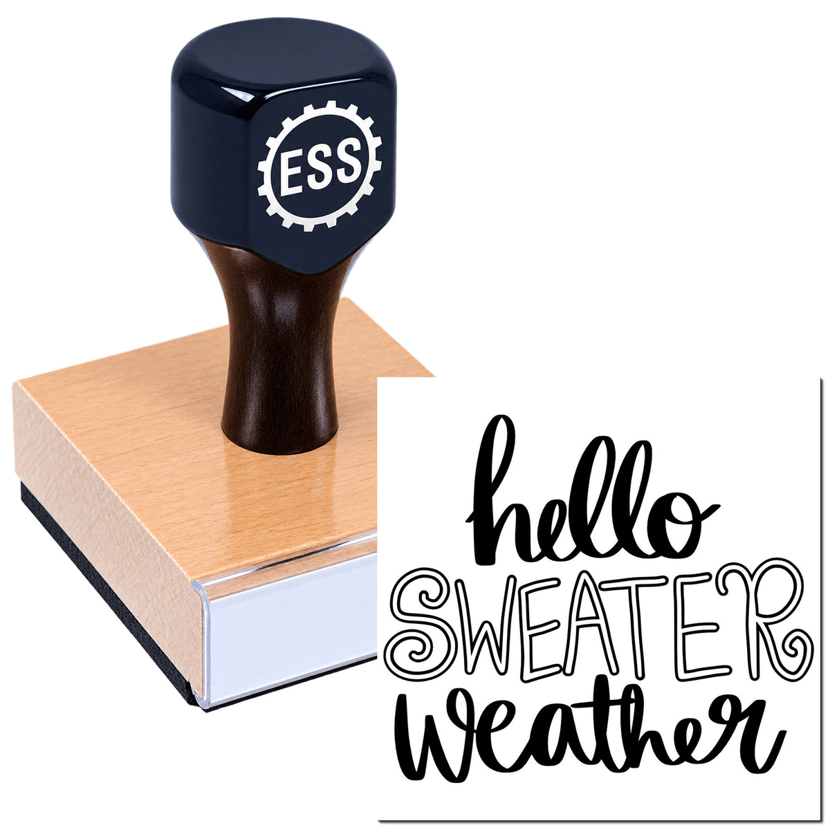 Dark navy ESS rubber stamp on a wooden mount, with a black "hello SWEATER weather" seal design.