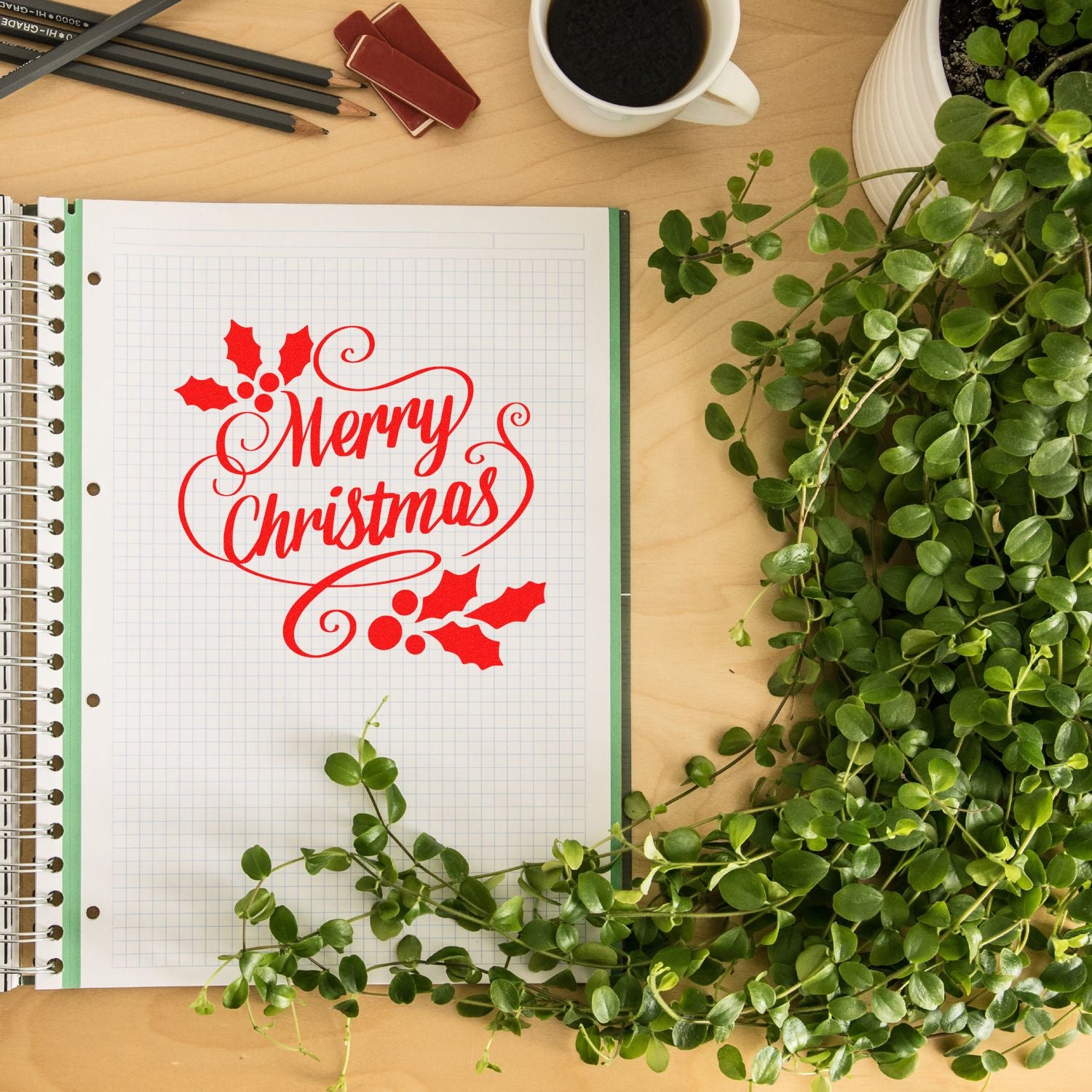 Duo Elegant Holly Merry Christmas Calligraphy Hand Stamp