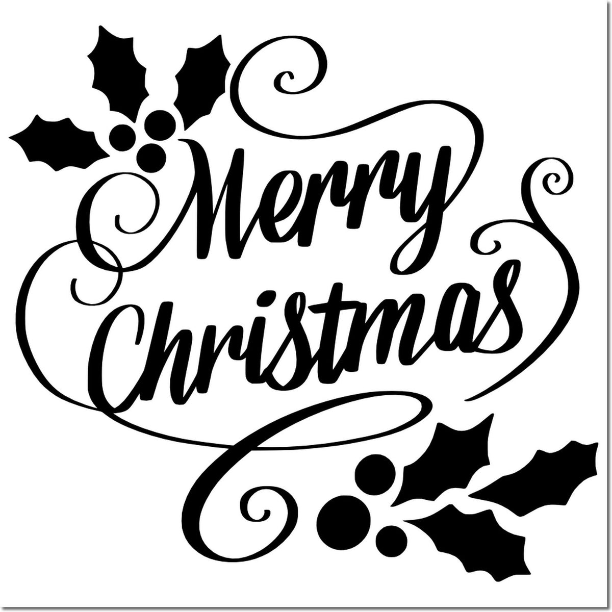 Black Merry Christmas stamp/seal design with holly leaves, berries, and elegant swirling script on a white background.