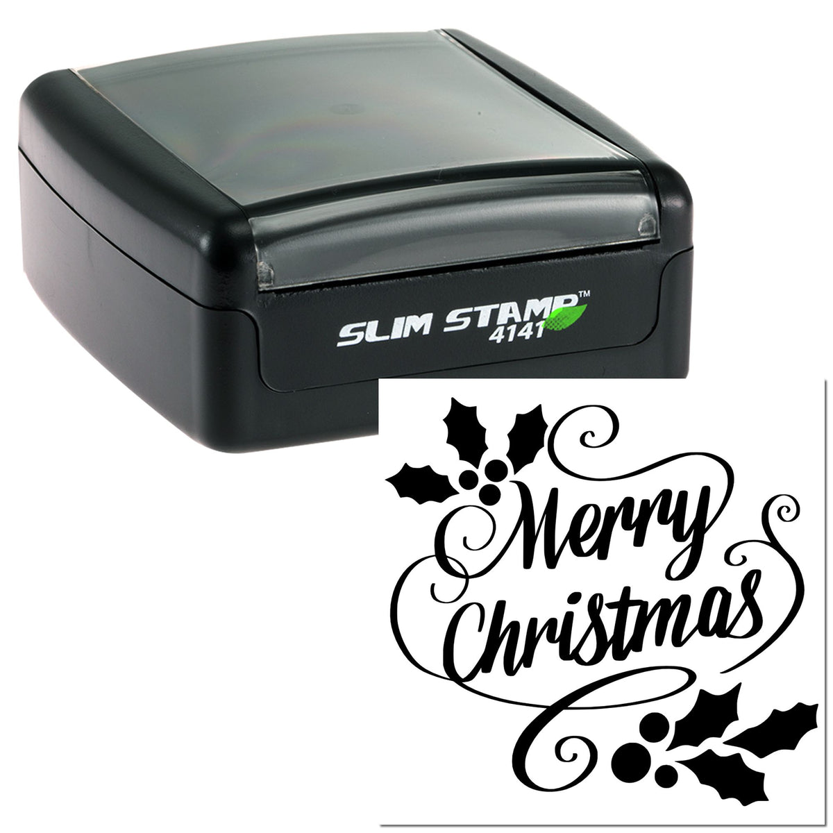 Black Slim Stamp 4141 self-inking stamp with decorative black Merry Christmas seal on a white background