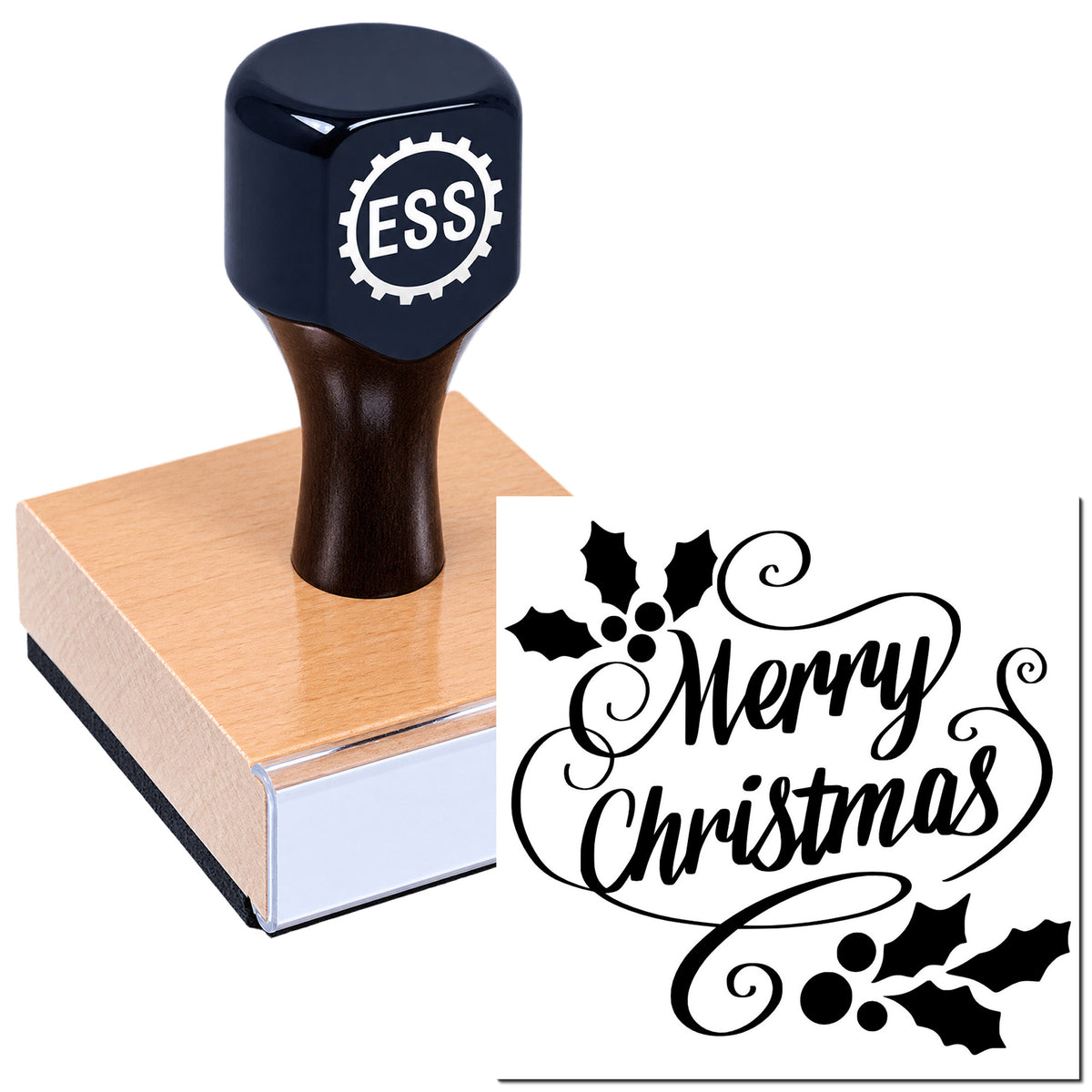 Navy blue ESS rubber stamp on wooden block with black Merry Christmas seal design and holly accents