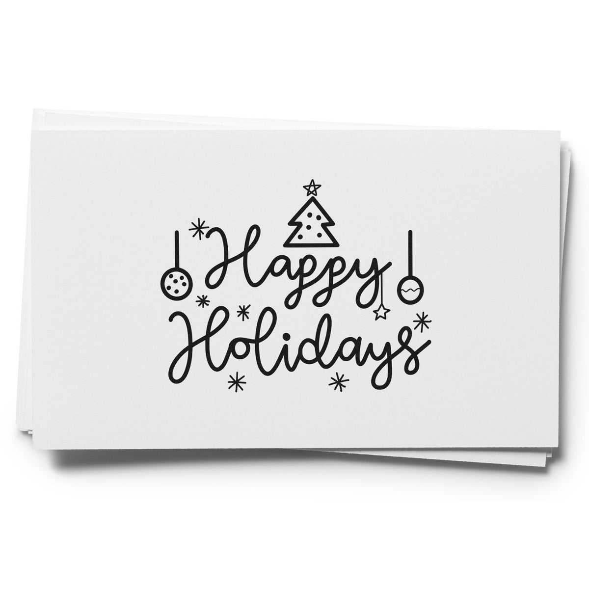 Black Happy Holidays stamp and seal design on white cards with Christmas tree, ornaments and stars.
