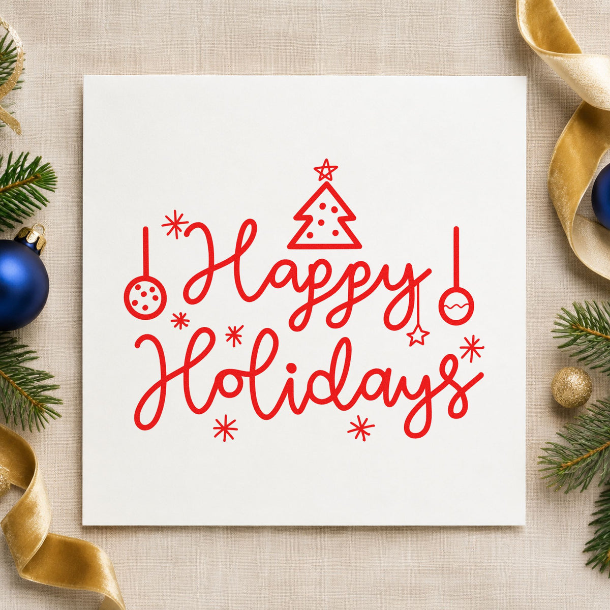 Happy Holidays Tree Ornaments craft stamp in red ink on cardstock, an easy option for skirt panel printing.